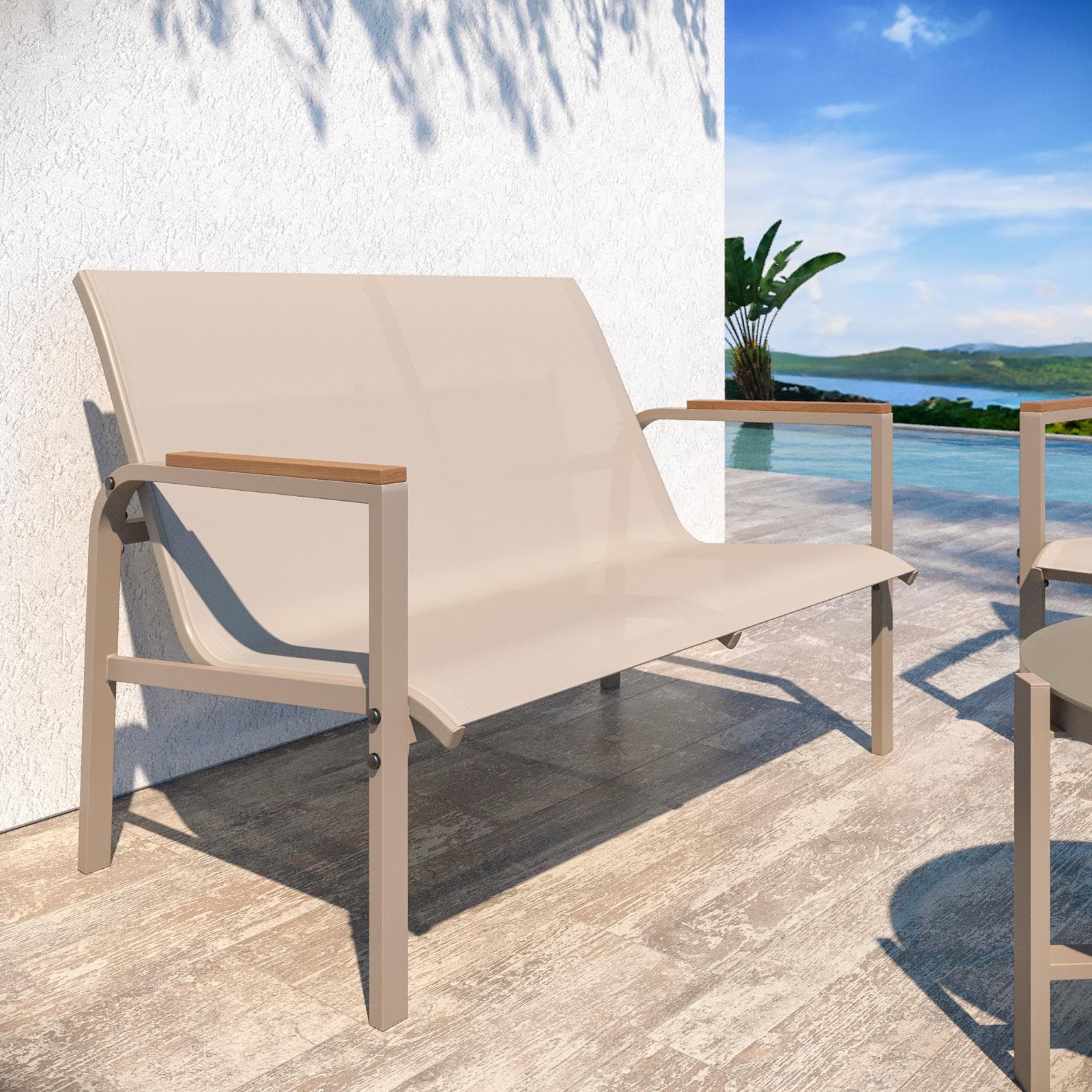 Set relax 4 posti con tavolino in acciaio e textilene tortora e dettagli in polywood - Veski
