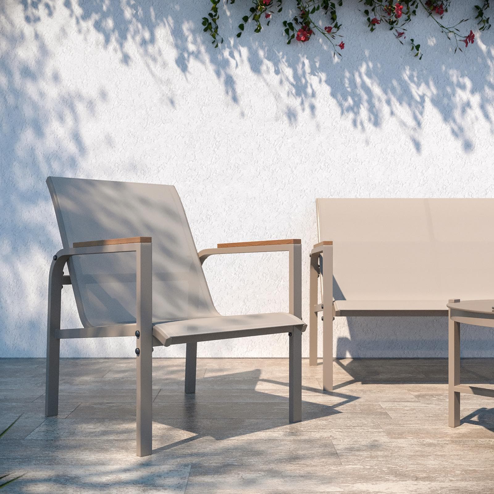 Set relax 4 posti con tavolino in acciaio e textilene tortora e dettagli in polywood - Veski