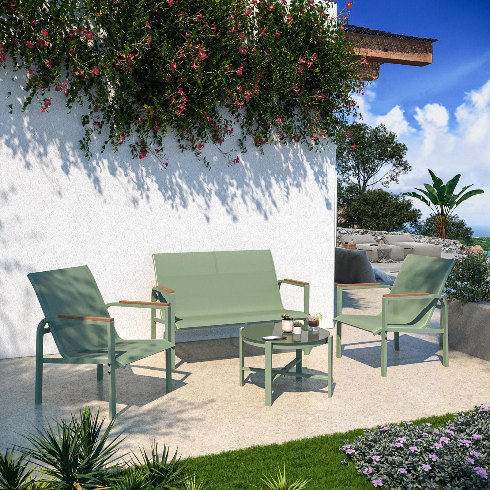 Set relax 4 posti con tavolino in acciaio e textilene verde e dettagli in polywood - Veski