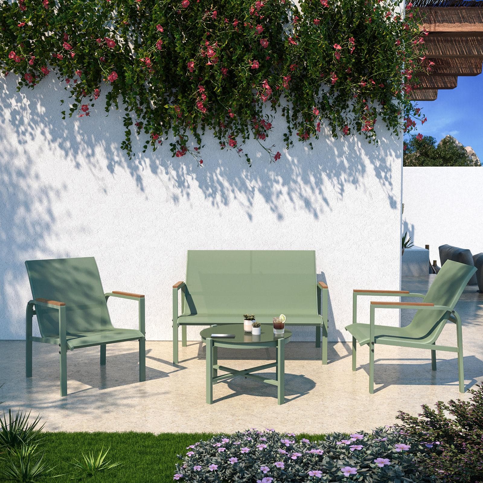 Set relax 4 posti con tavolino in acciaio e textilene verde e dettagli in polywood - Veski