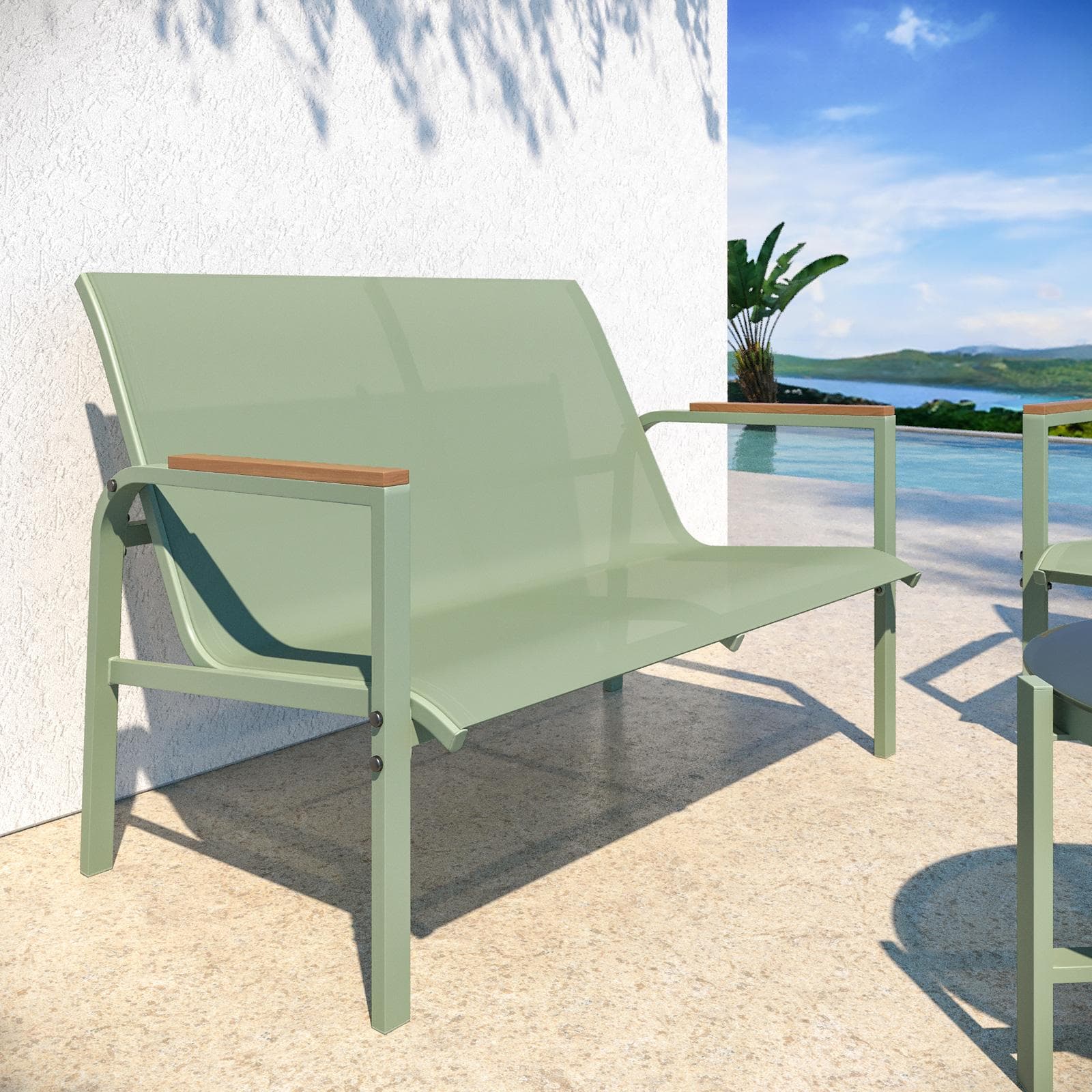 Set relax 4 posti con tavolino in acciaio e textilene verde e dettagli in polywood - Veski