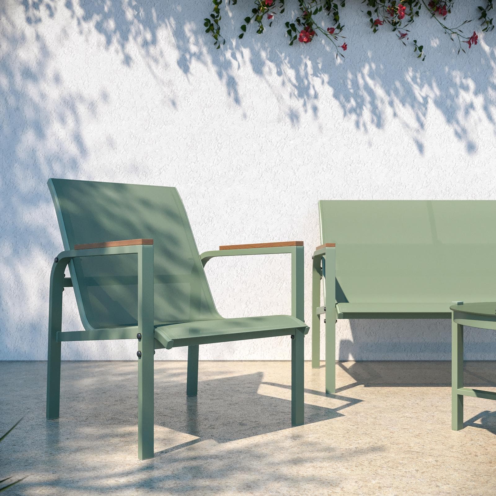 Set relax 4 posti con tavolino in acciaio e textilene verde e dettagli in polywood - Veski