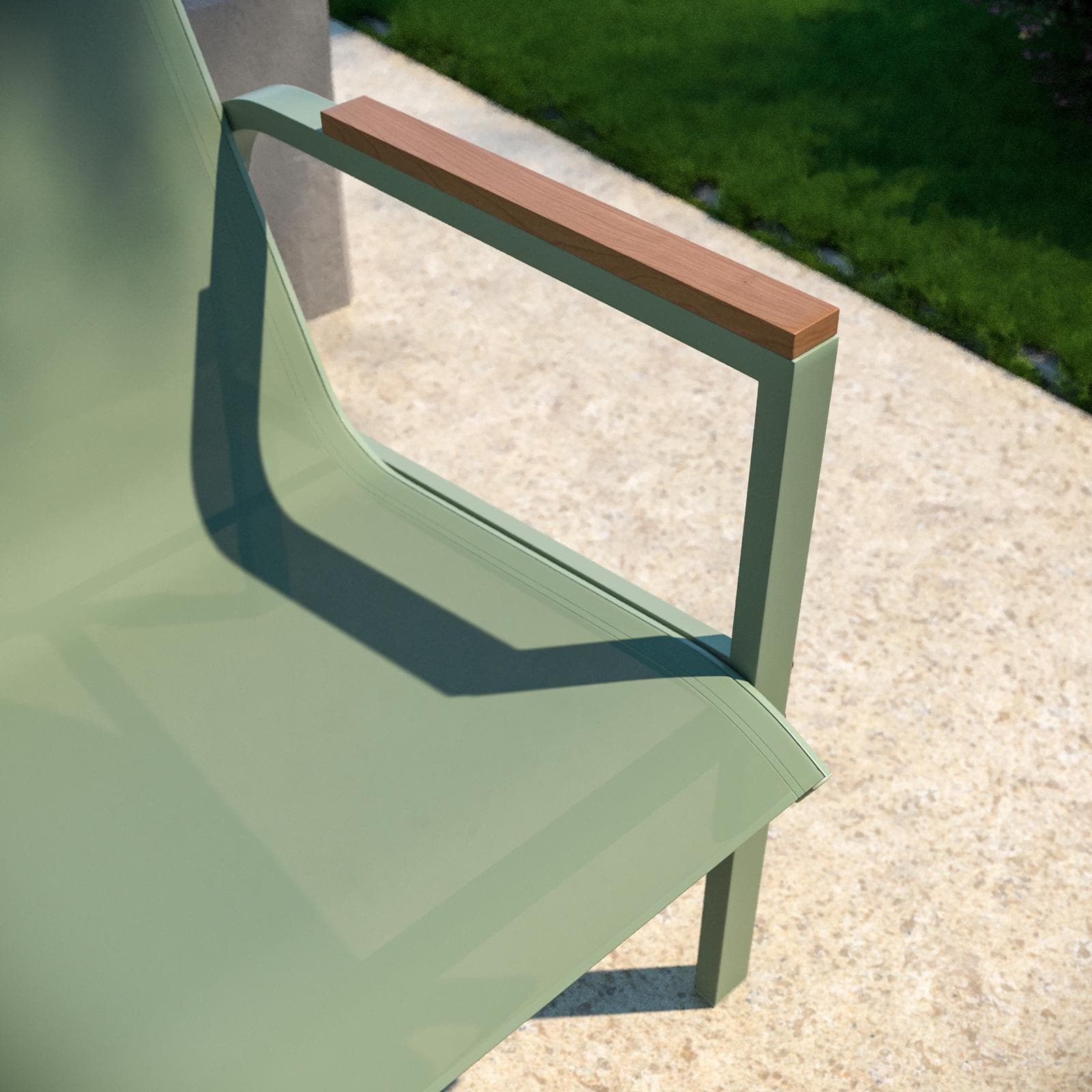 Set relax 4 posti con tavolino in acciaio e textilene verde e dettagli in polywood - Veski