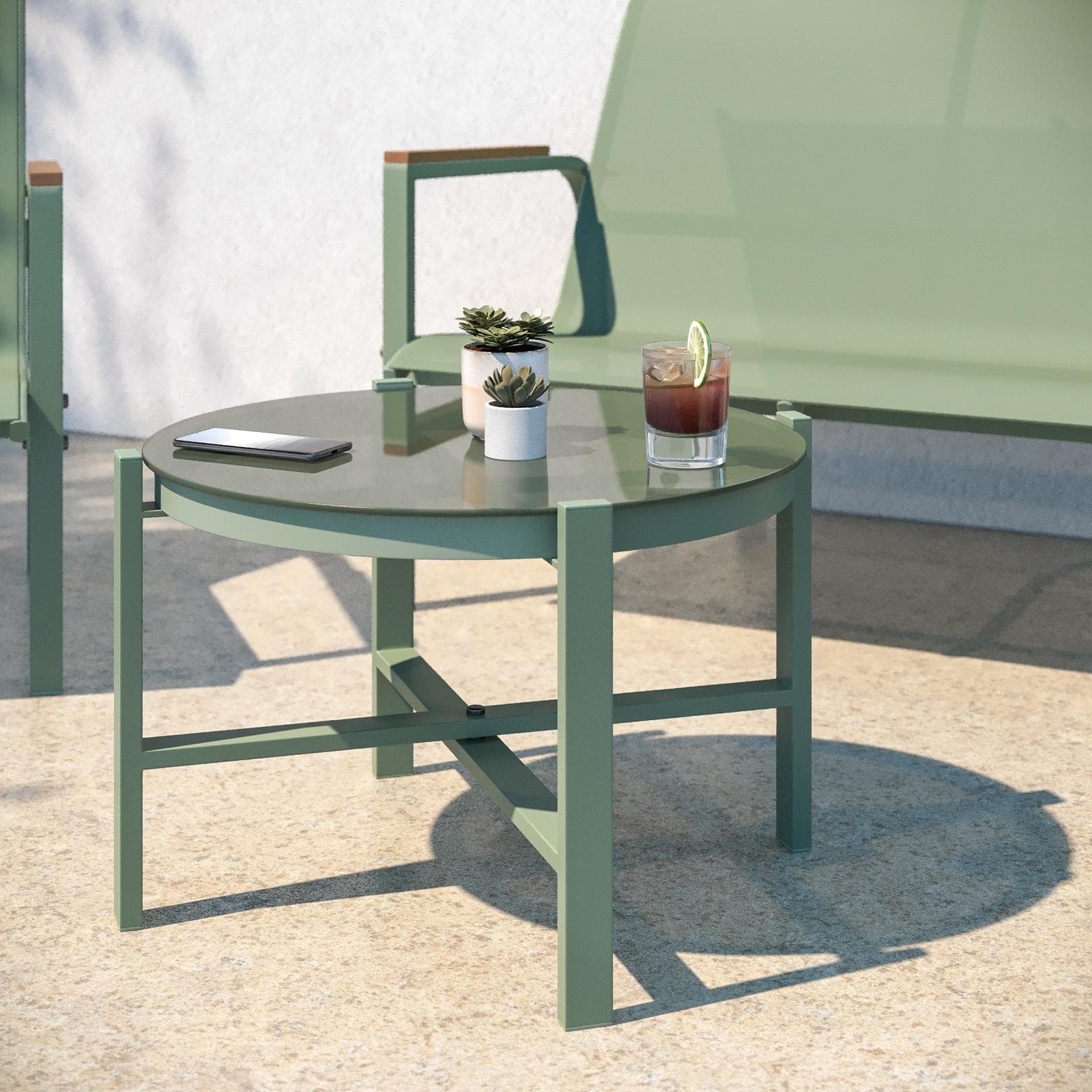 Set relax 4 posti con tavolino in acciaio e textilene verde e dettagli in polywood - Veski