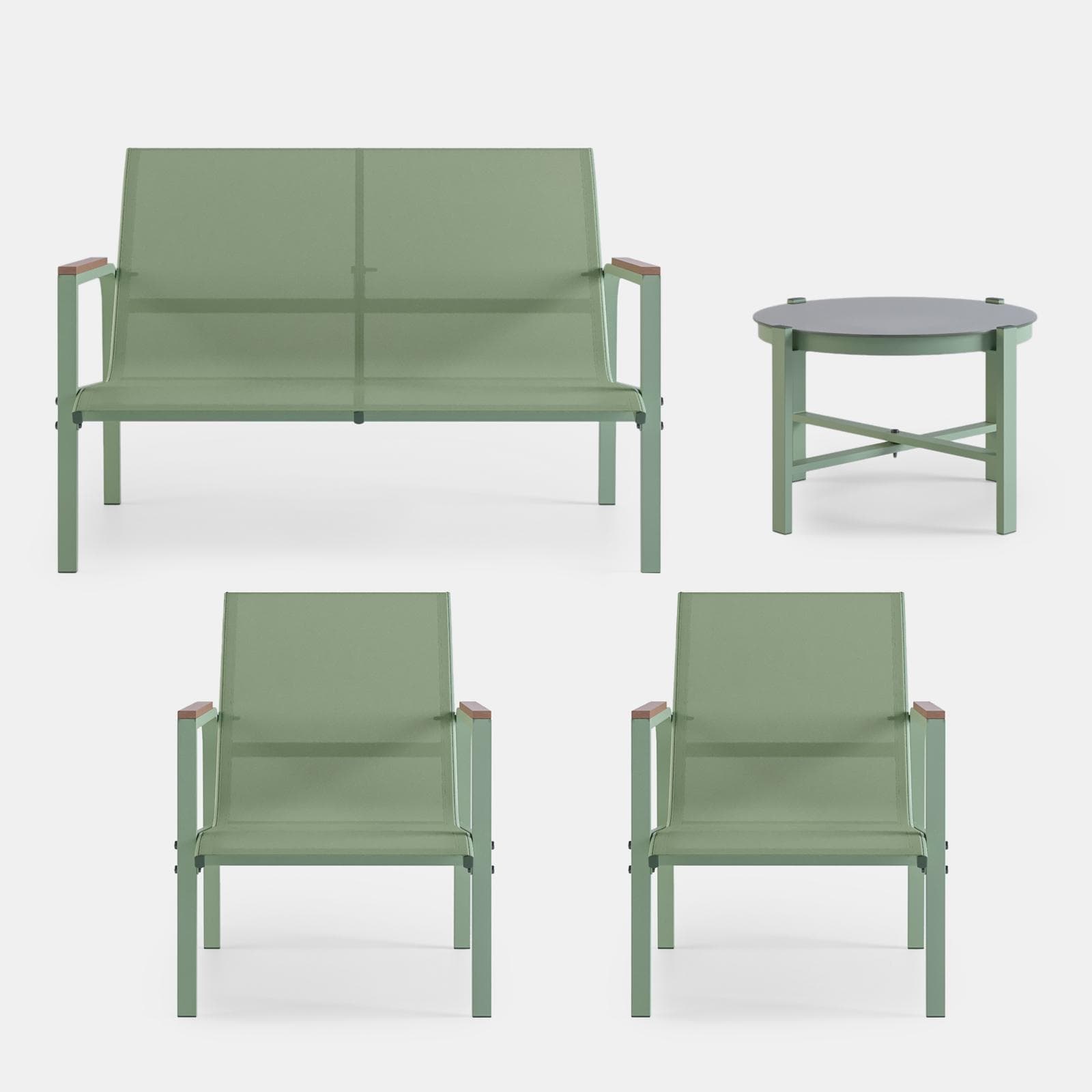 Set relax 4 posti con tavolino in acciaio e textilene verde e dettagli in polywood - Veski