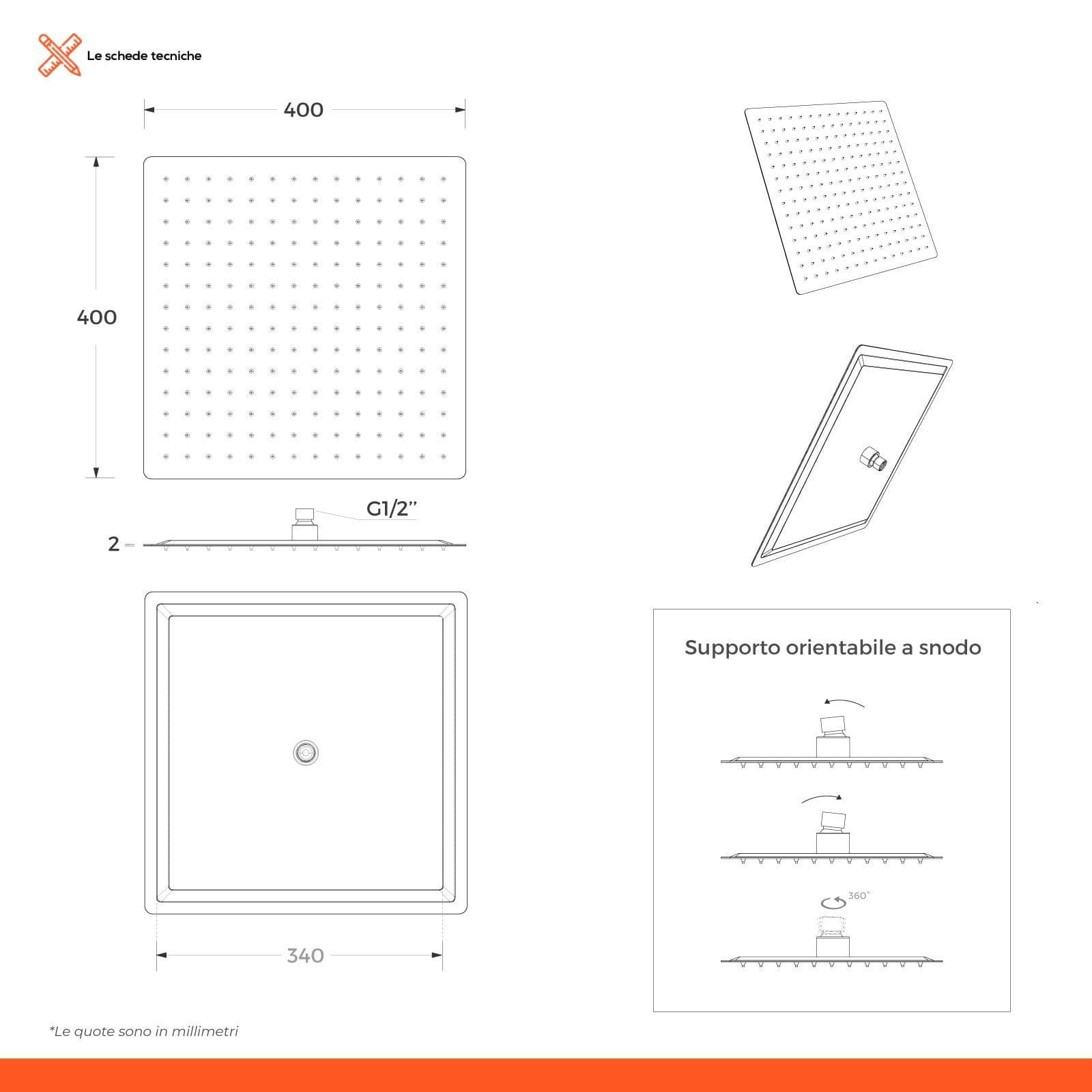 Set soffione ultraslim 40x40 cm con braccio doccia a gomito 40 cm spazzolato
