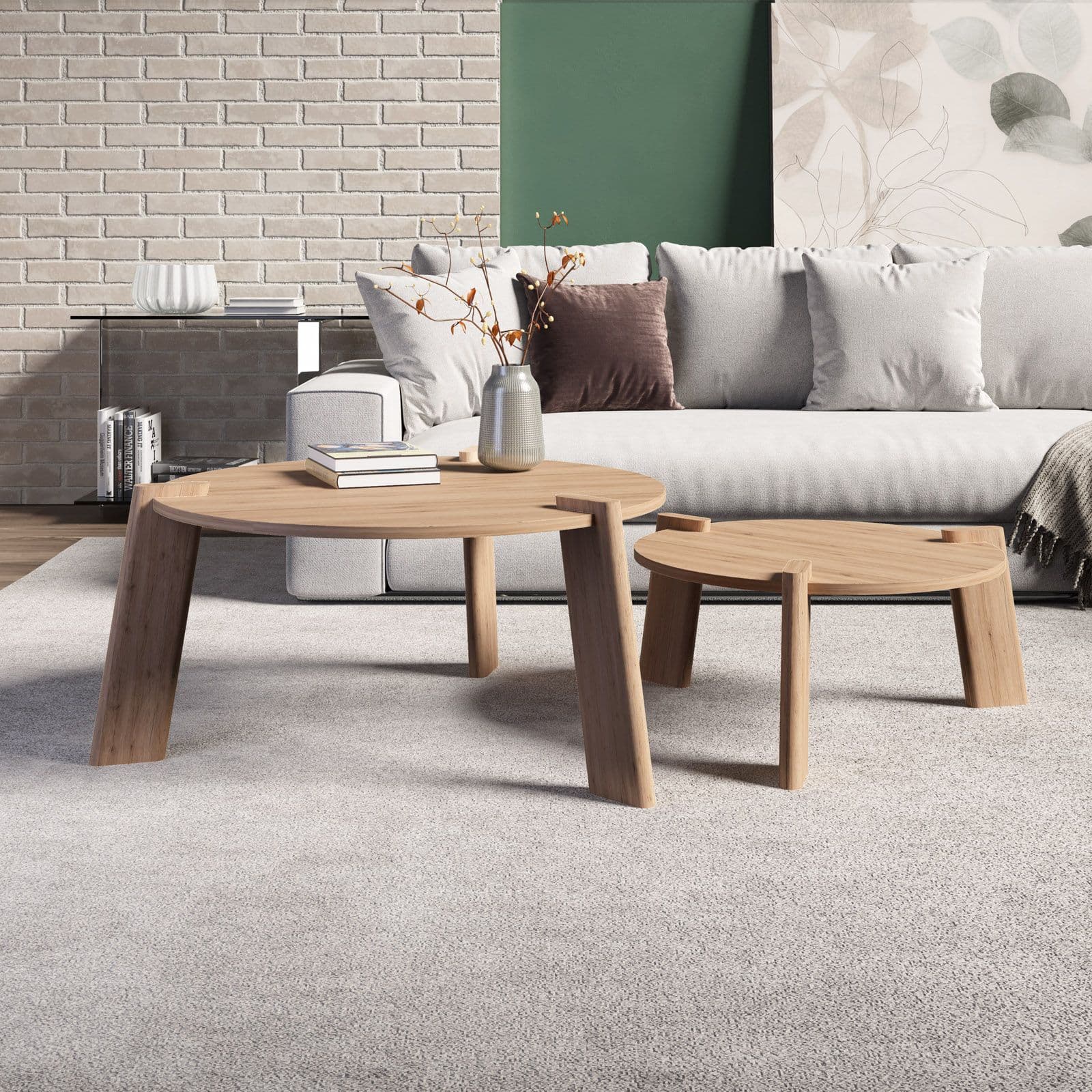 Set 2 tavolini tondi 60 cm e 80 cm in legno rovere - Scaly