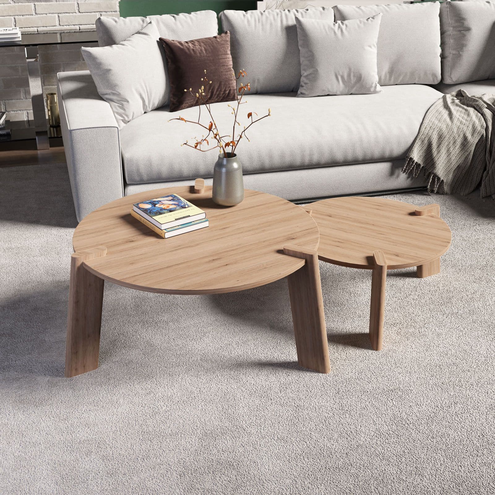 Set 2 tavolini tondi 60 cm e 80 cm in legno rovere - Scaly