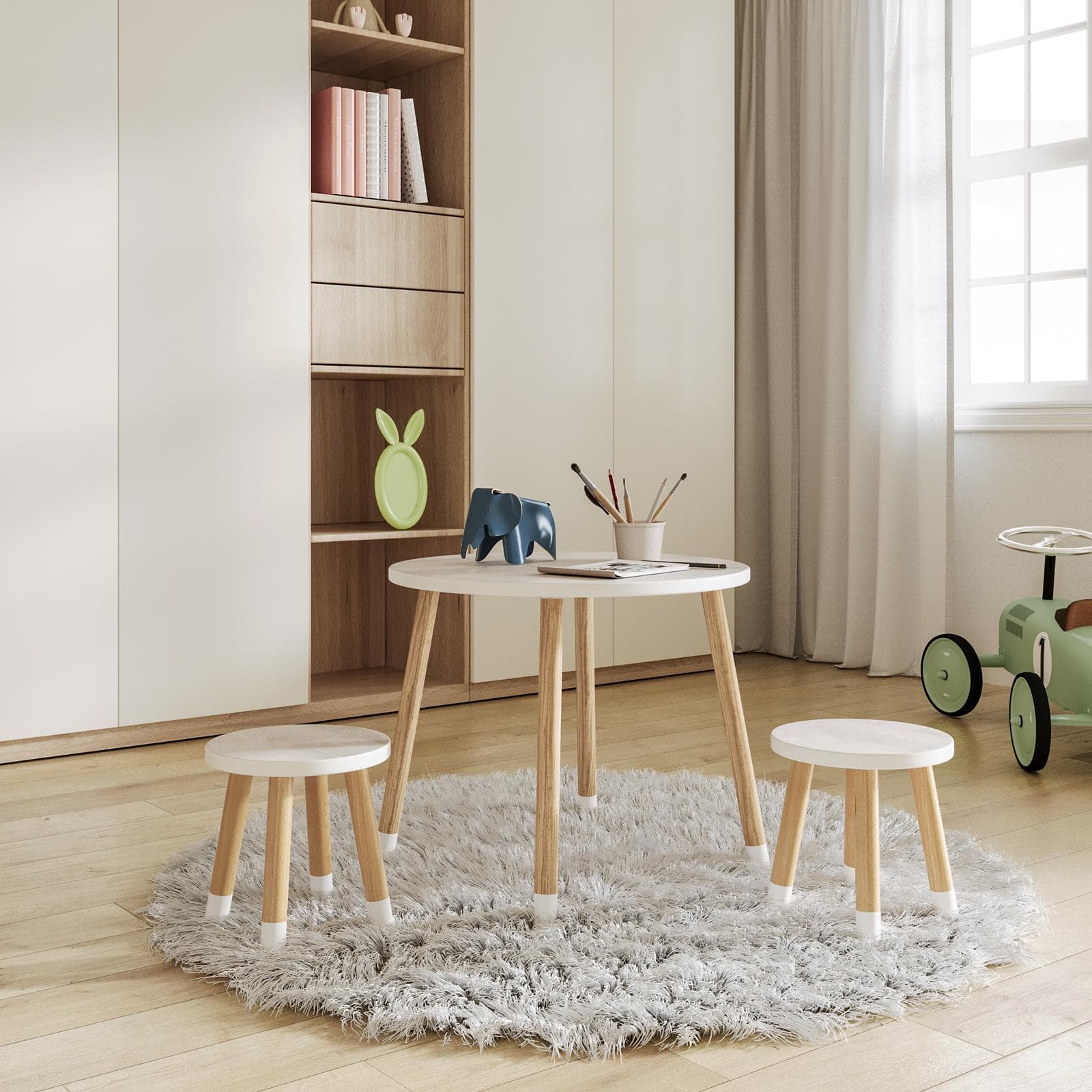 Set tavolino e 2 sgabelli per bambini in legno bianco e naturale - Lollipop