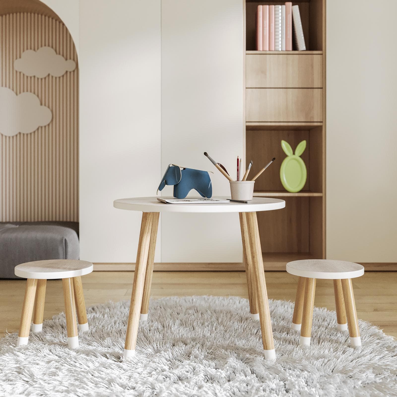 Set tavolino e 2 sgabelli per bambini in legno bianco e naturale - Lollipop