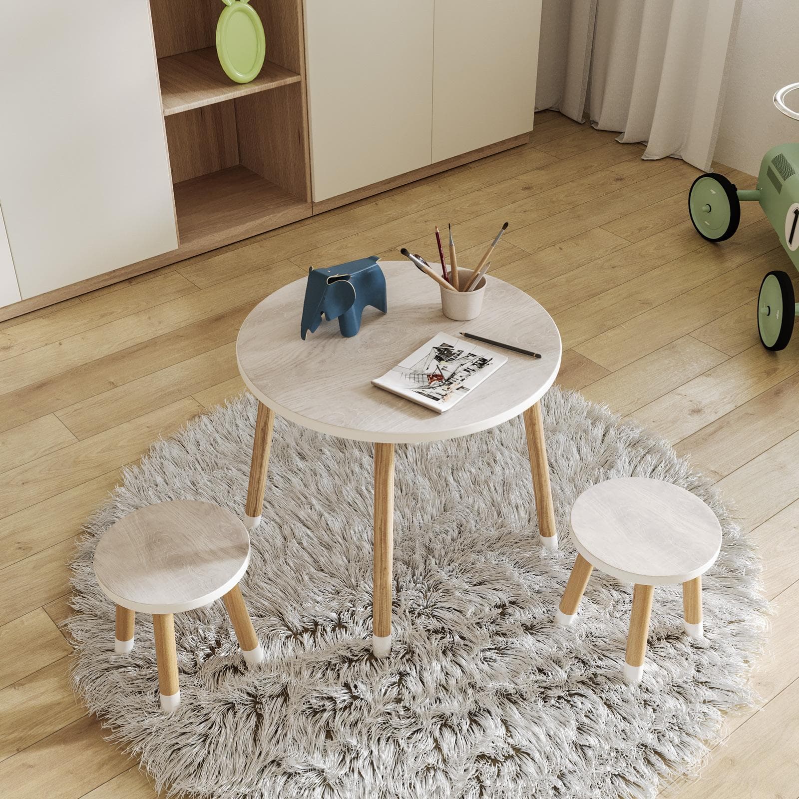 Set tavolino e 2 sgabelli per bambini in legno bianco e naturale - Lollipop
