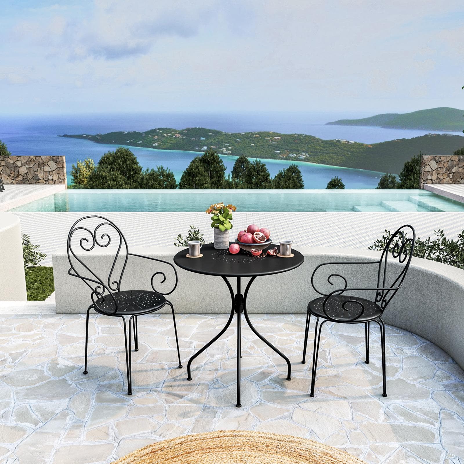 Set bistrot tavolo rotondo 70 cm e 2 sedie con braccioli in metallo nero - Loren
