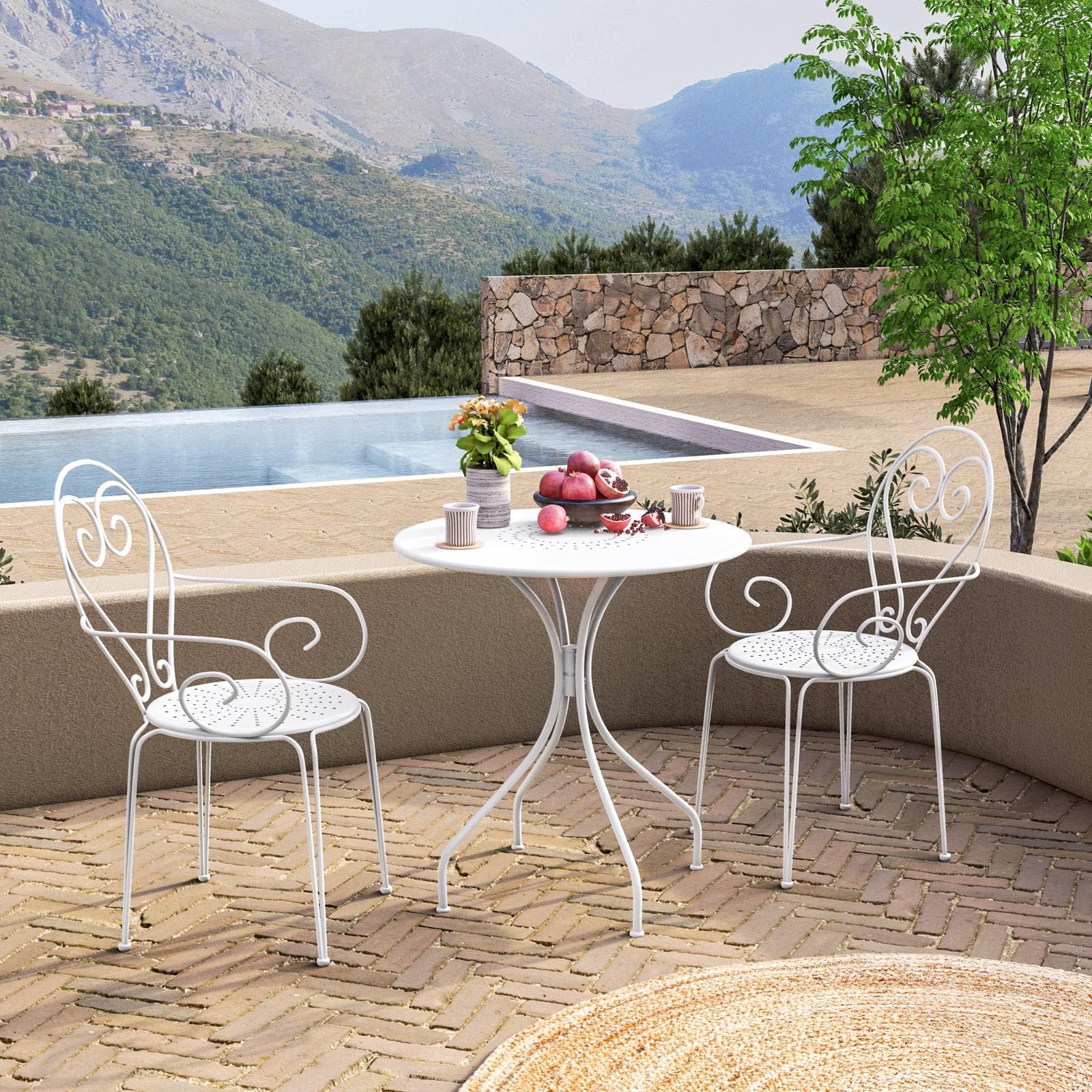 Set bistrot tavolo rotondo 70 cm e 2 sedie con braccioli in metallo bianco - Loren