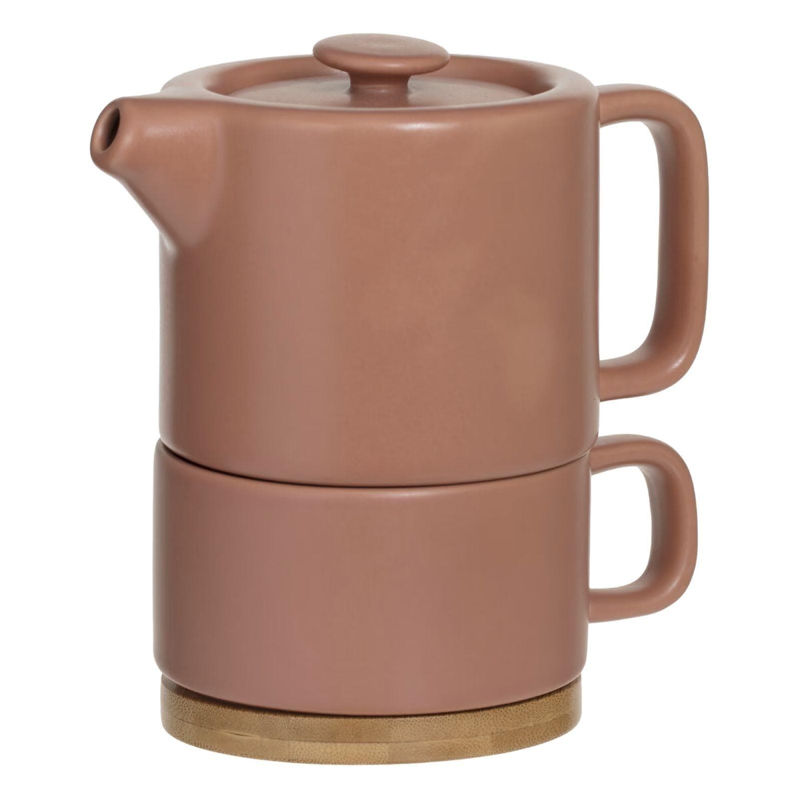 Set teiera e tazza rotonda 15 cm color terracotta con piattino in bambù