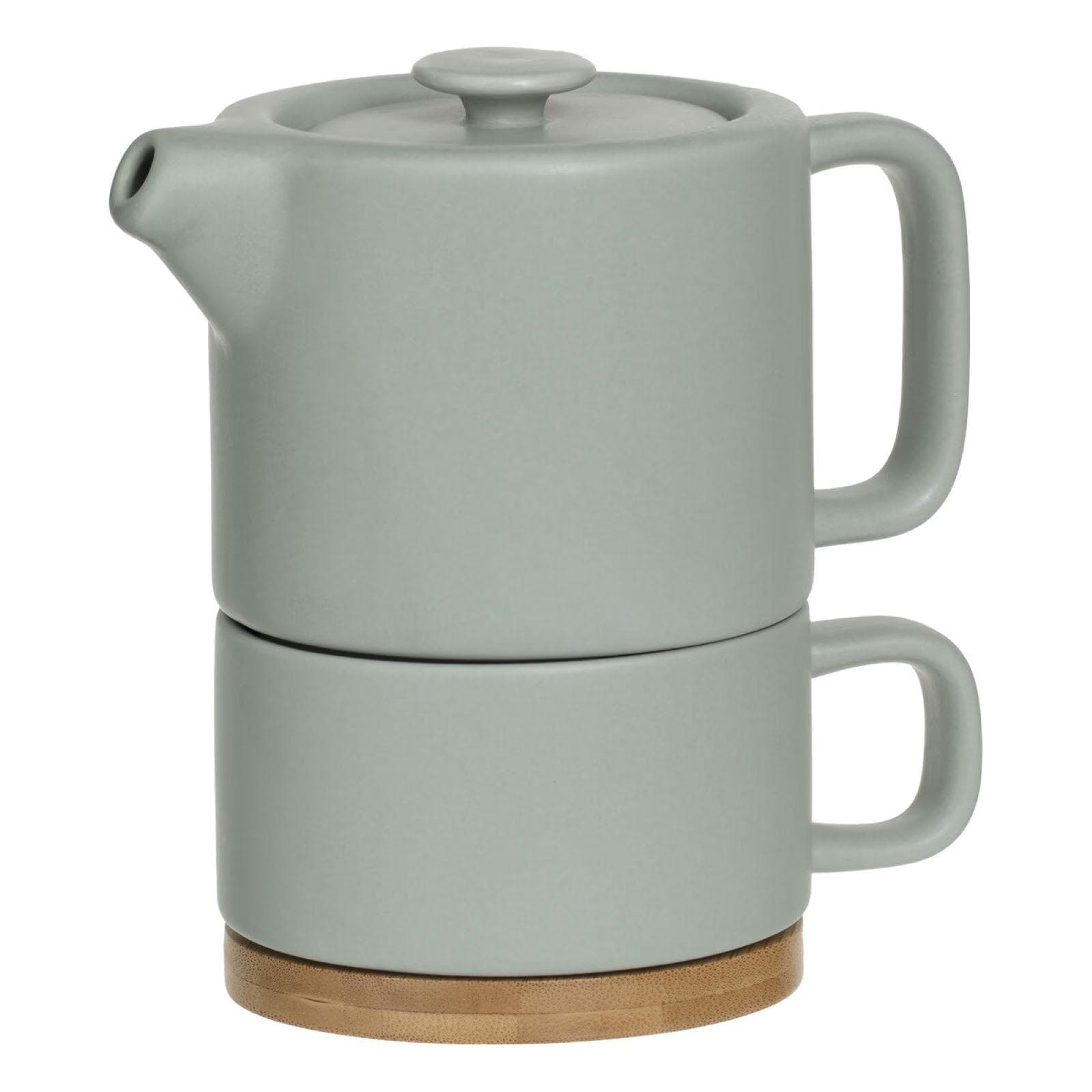 Set teiera e tazza rotonda 15 cm verde menta con piattino in bambù