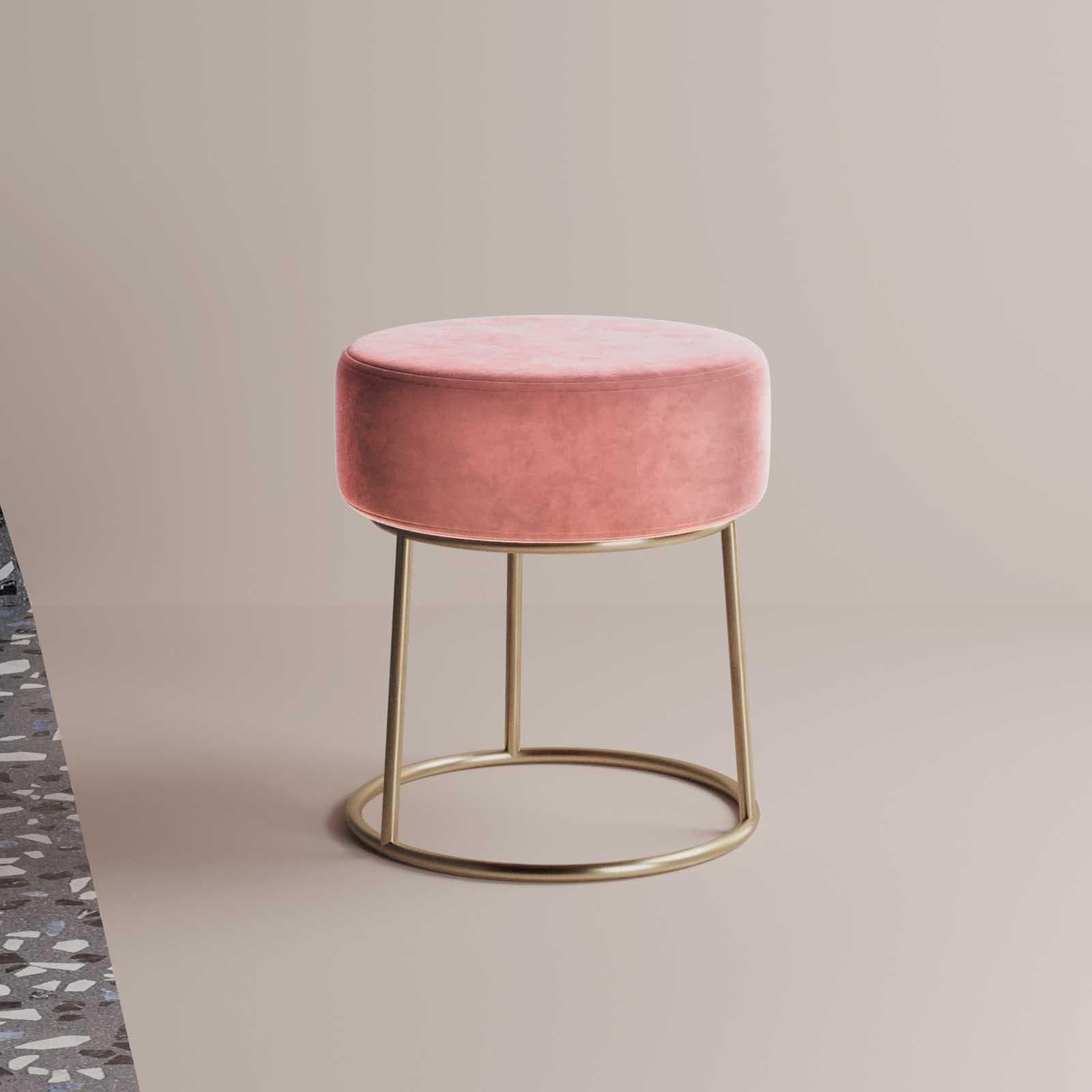 Pouf rotondo 35 cm in velluto rosa e struttura finitura champagne - Millepora