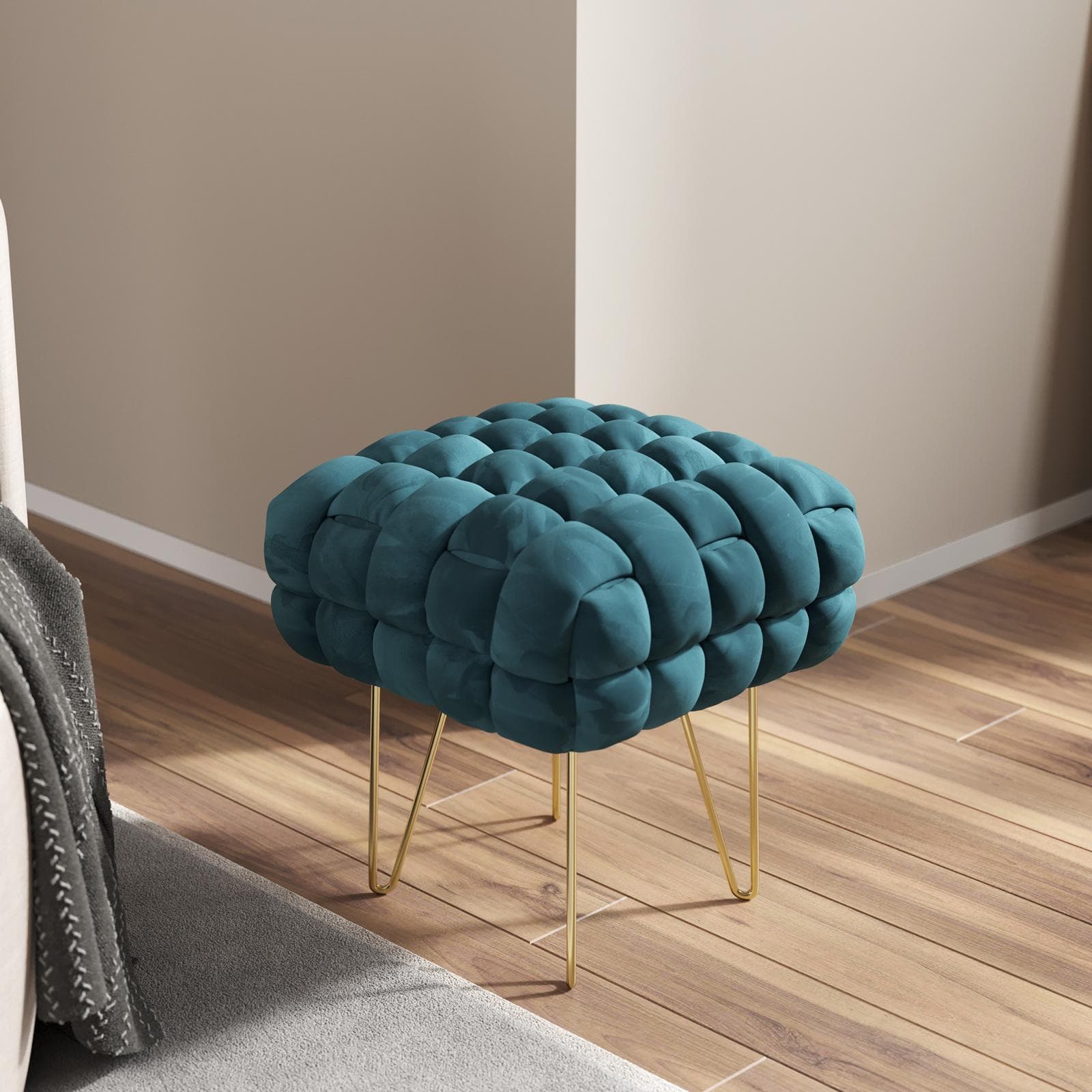 Sgabello 38x41h cm in velluto intrecciato blu petrolio con gambe in metallo oro - Jagger