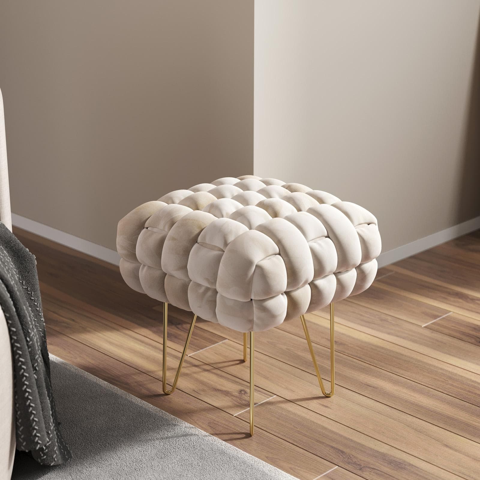 Sgabello 38x41h cm in velluto intrecciato crema con gambe in metallo oro - Jagger