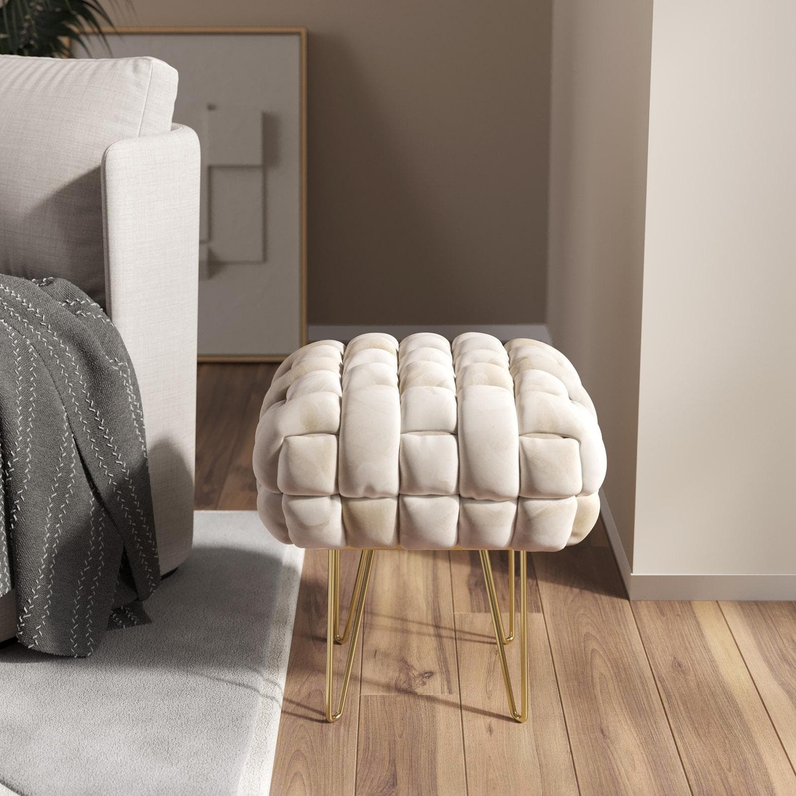 Sgabello 38x41h cm in velluto intrecciato crema con gambe in metallo oro - Jagger