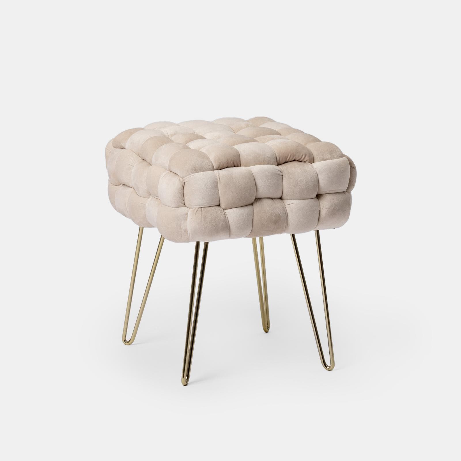 Sgabello 38x41h cm in velluto intrecciato crema con gambe in metallo oro - Jagger