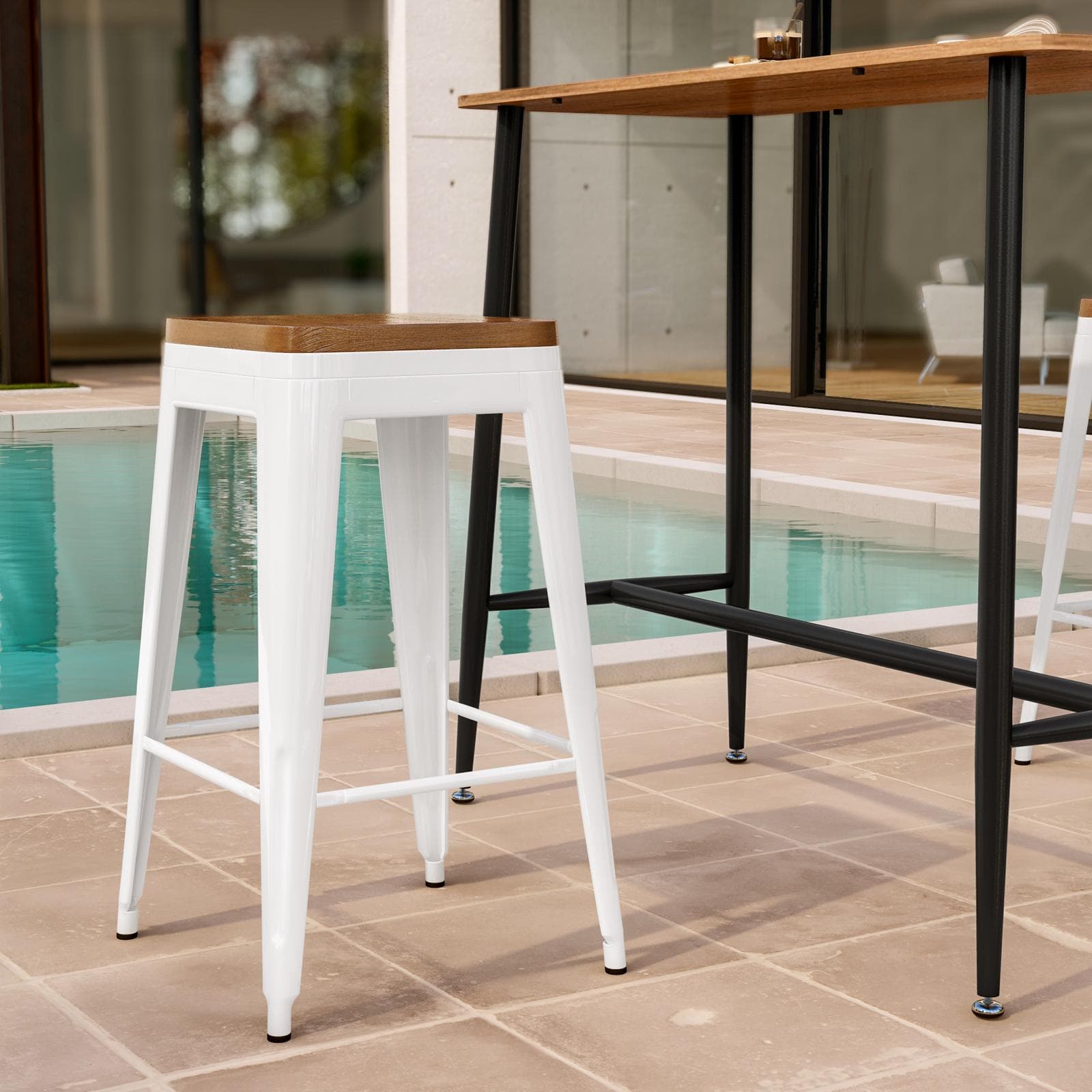 FARLEY GIARDINO SGABELLO BIANCO C/ SEDUTA LEGNO 63H CM
