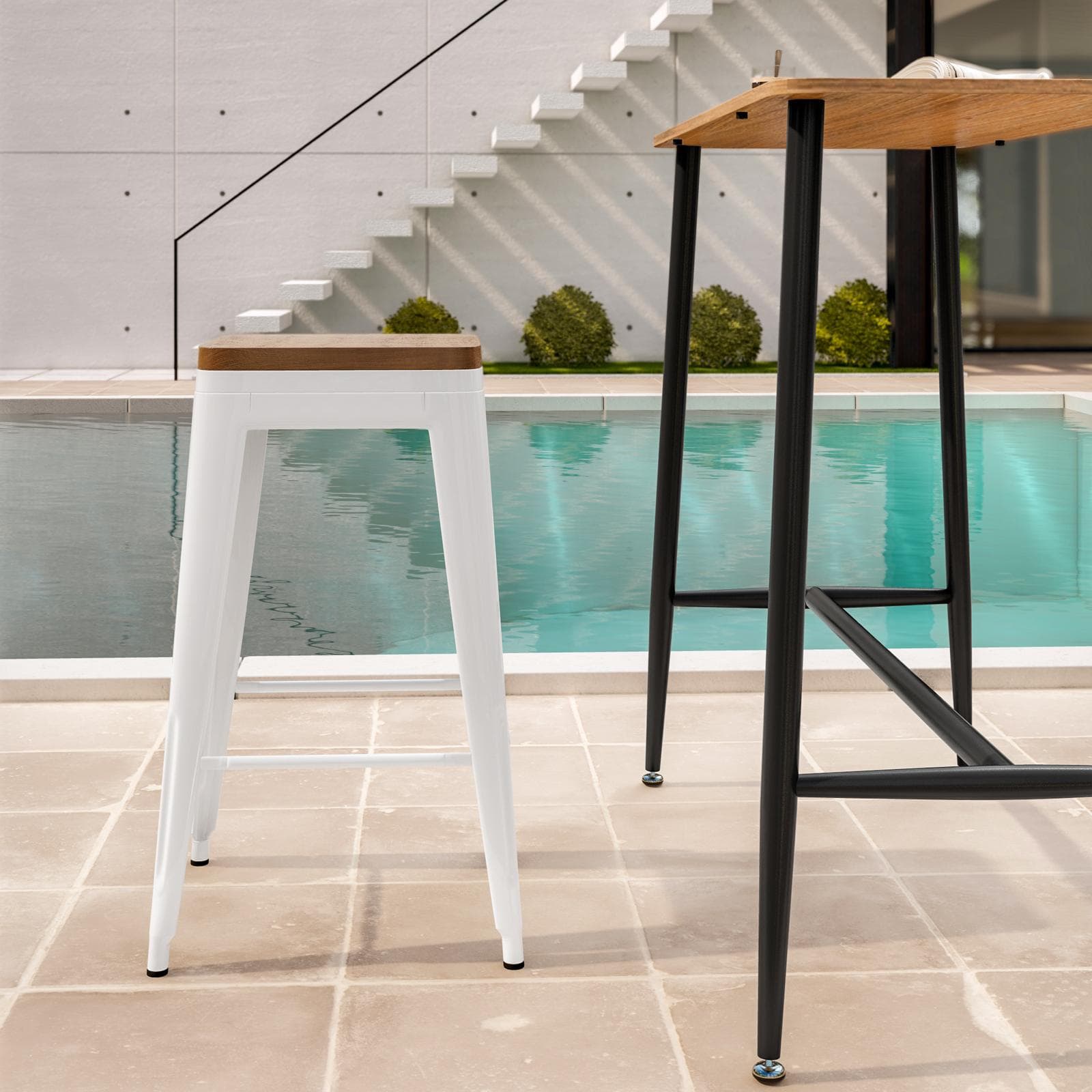 FARLEY GIARDINO SGABELLO BIANCO C/ SEDUTA LEGNO 63H CM