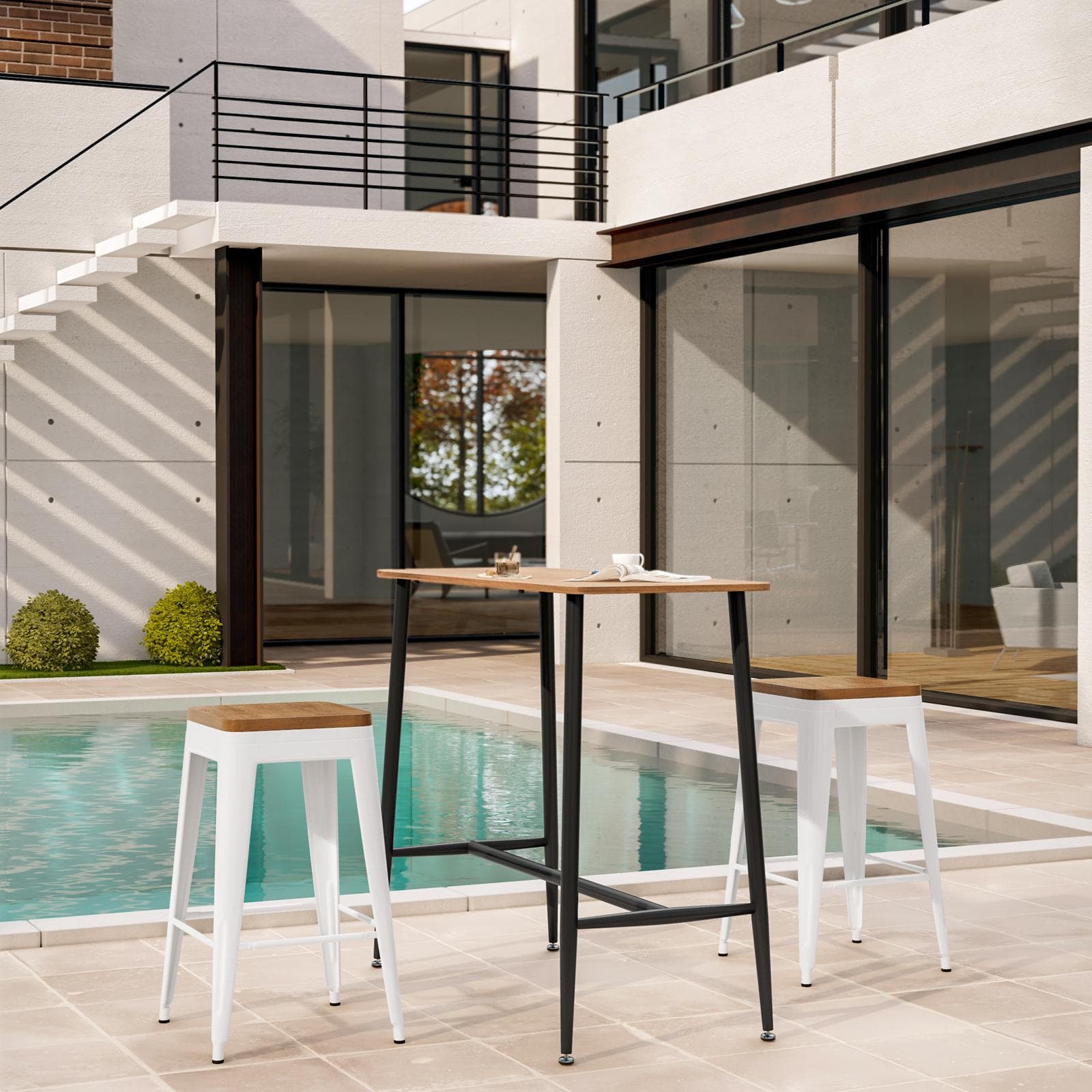 FARLEY GIARDINO SGABELLO BIANCO C/ SEDUTA LEGNO 63H CM