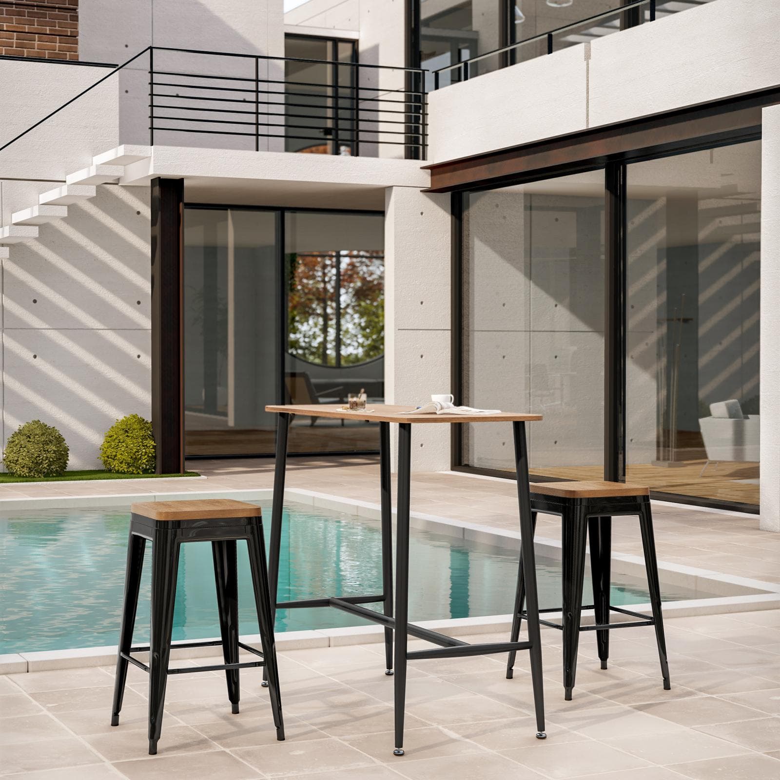 Sgabello da giardino impilabile stile industrial in metallo nero con seduta in legno - Farley