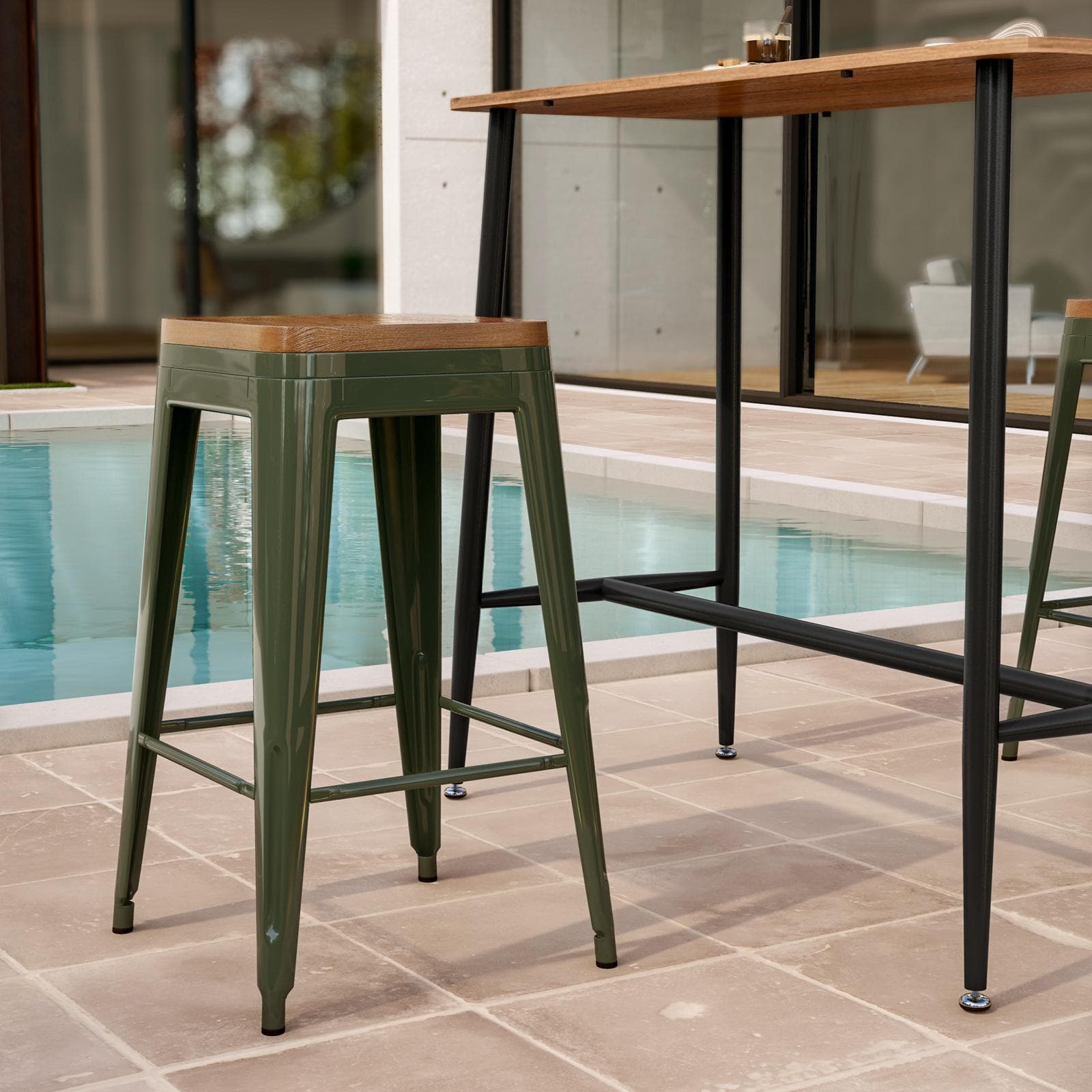 Sgabello da giardino impilabile stile industrial in metallo verde con seduta in legno - Farley