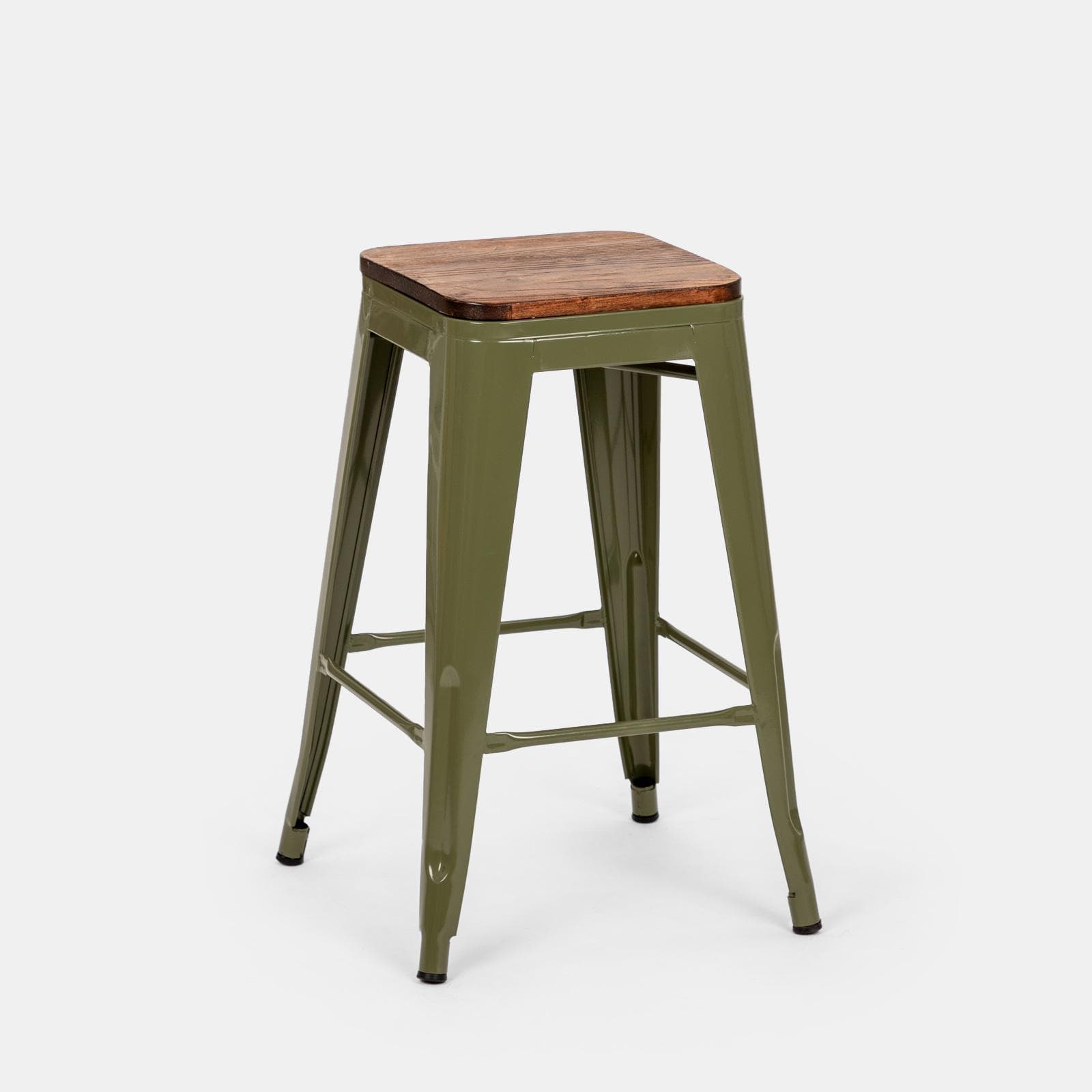 Sgabello da giardino impilabile stile industrial in metallo verde con seduta in legno - Farley