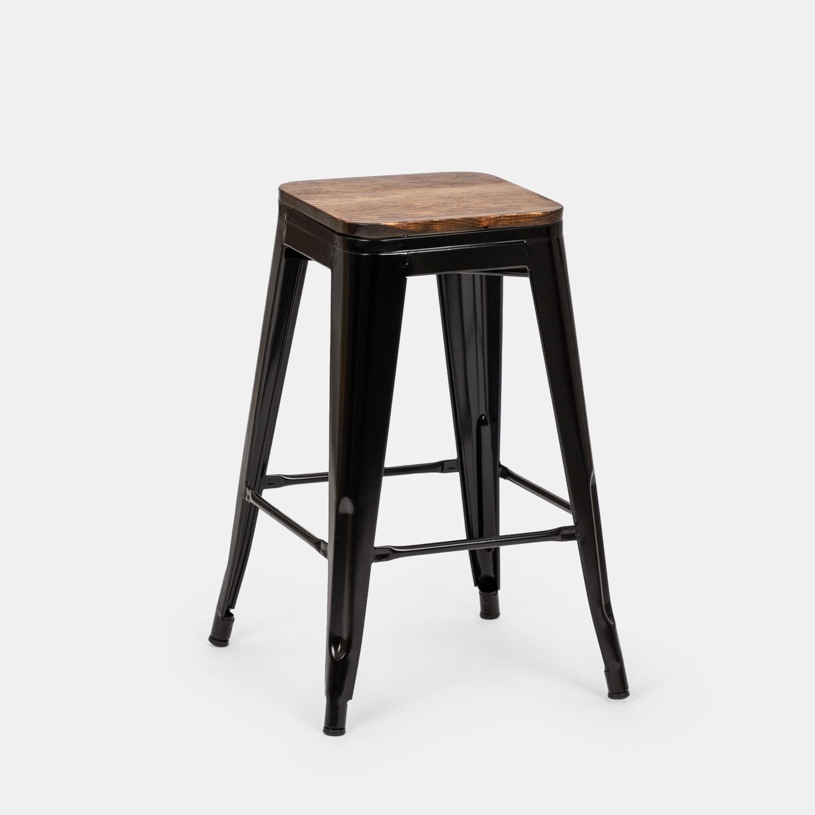 Sgabello impilabile stile industrial in metallo nero e seduta legno - Farley