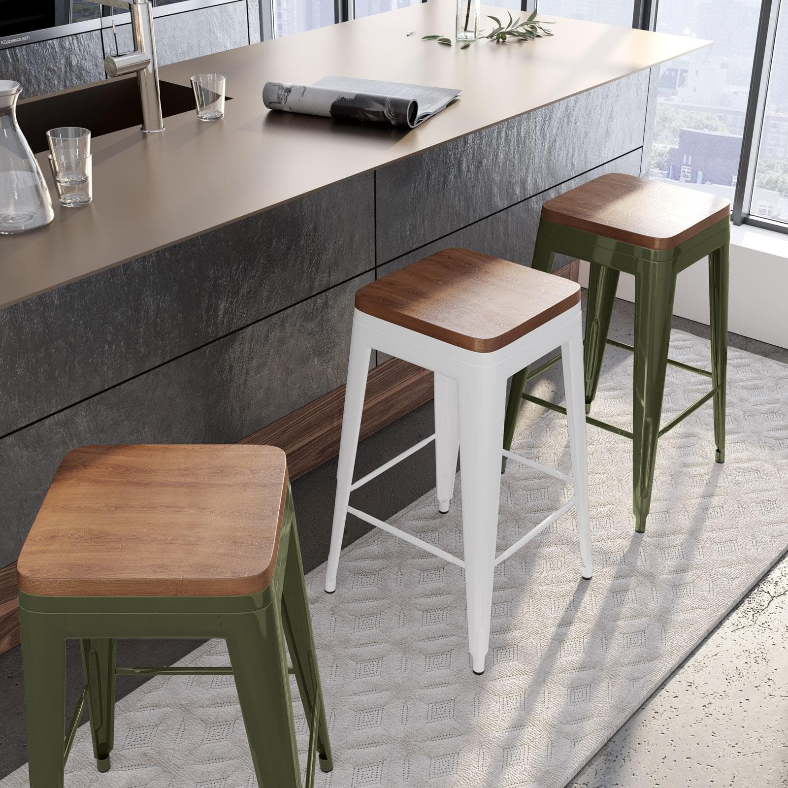 Sgabello impilabile stile industrial in metallo verde e seduta legno - Farley