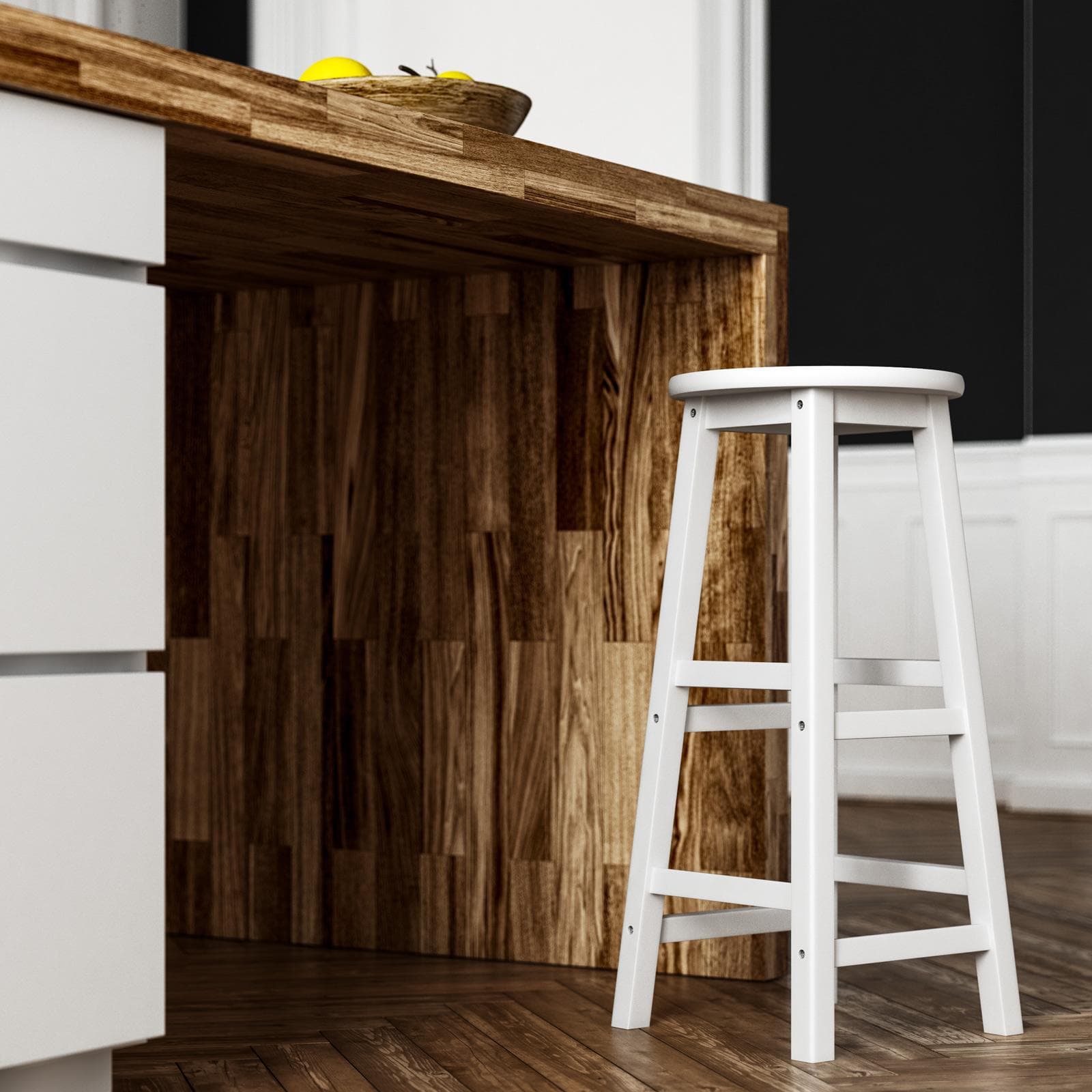 Sgabello in legno bianco con seduta rotonda e poggiapiedi - Frontera