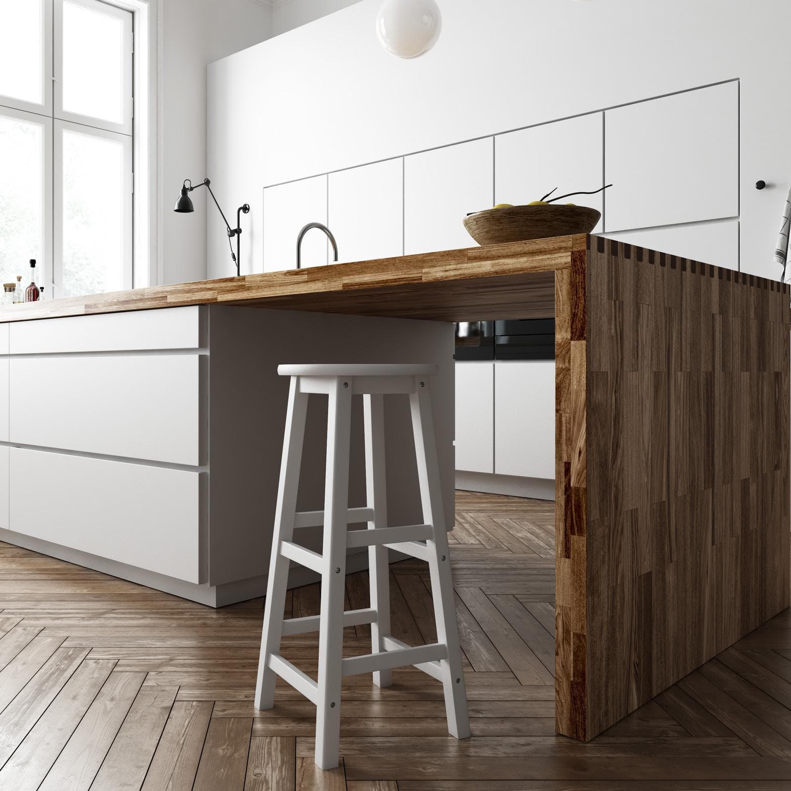 Sgabello in legno bianco con seduta rotonda e poggiapiedi - Frontera