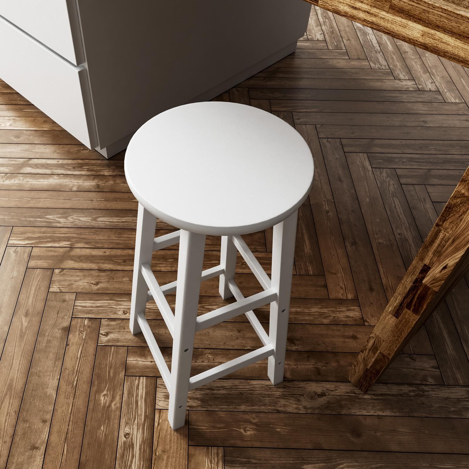 Sgabello in legno bianco con seduta rotonda e poggiapiedi - Frontera