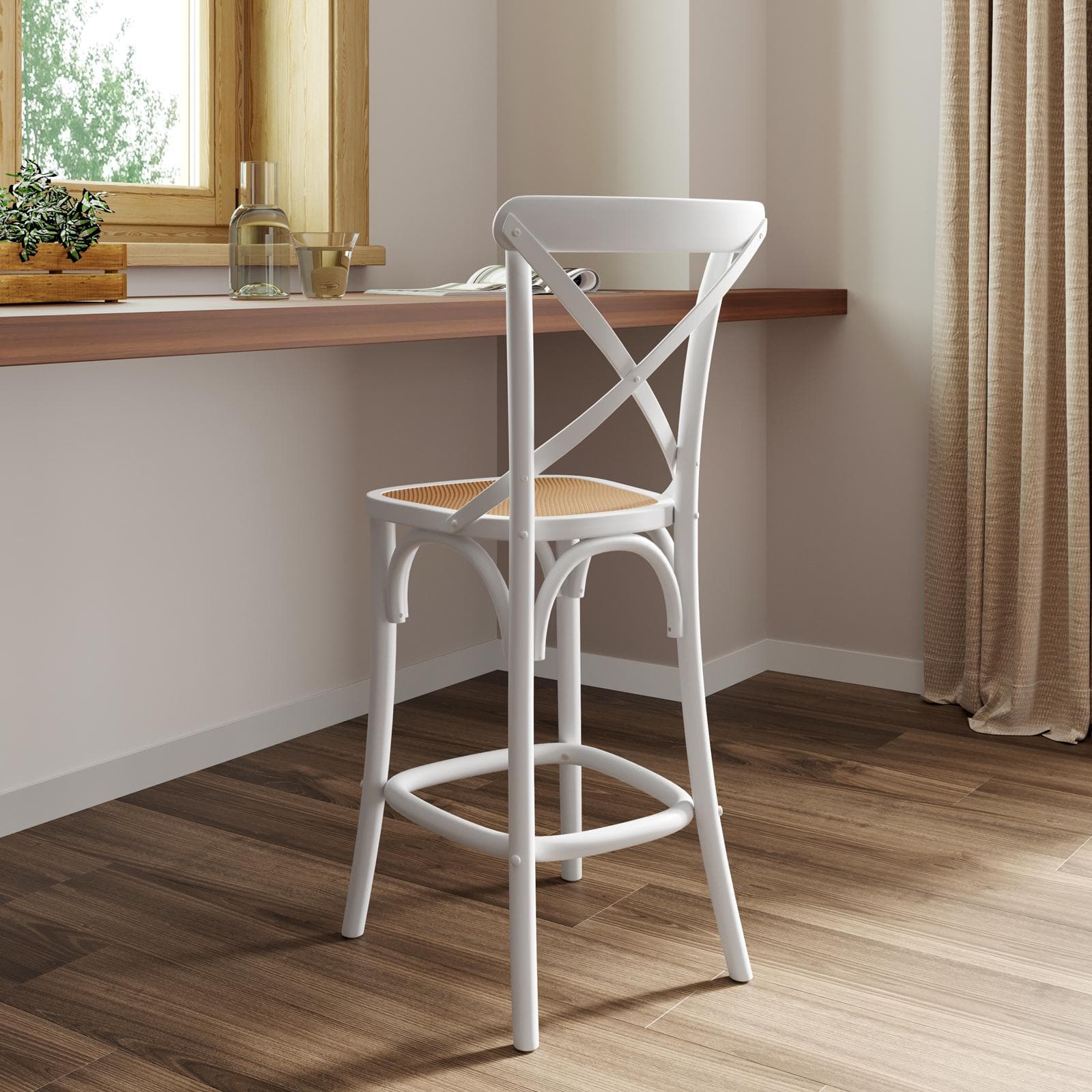 Sgabello in legno di olmo bianco con seduta in rattan - Giulietta
