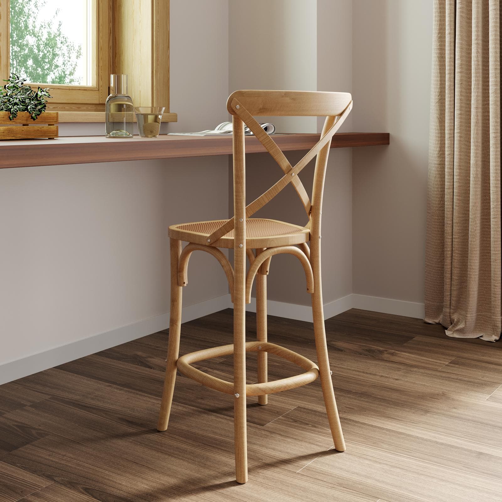 Sgabello in legno di olmo naturale con seduta in rattan - Giulietta