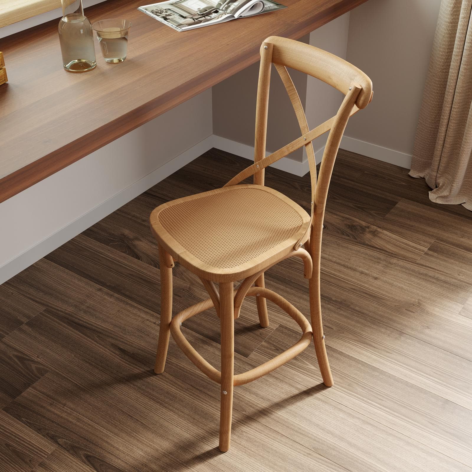 Sgabello in legno di olmo naturale con seduta in rattan - Giulietta