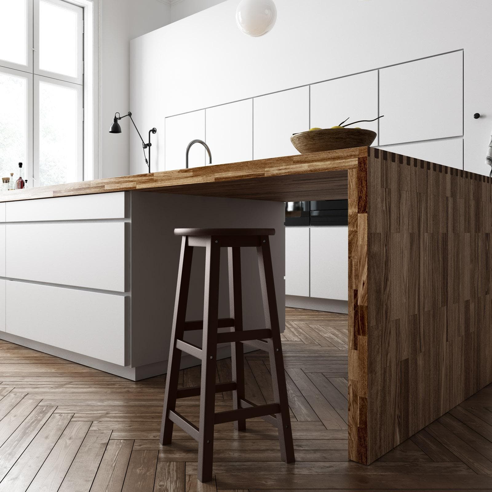 Sgabello in legno noce con seduta rotonda e poggiapiedi - Frontera