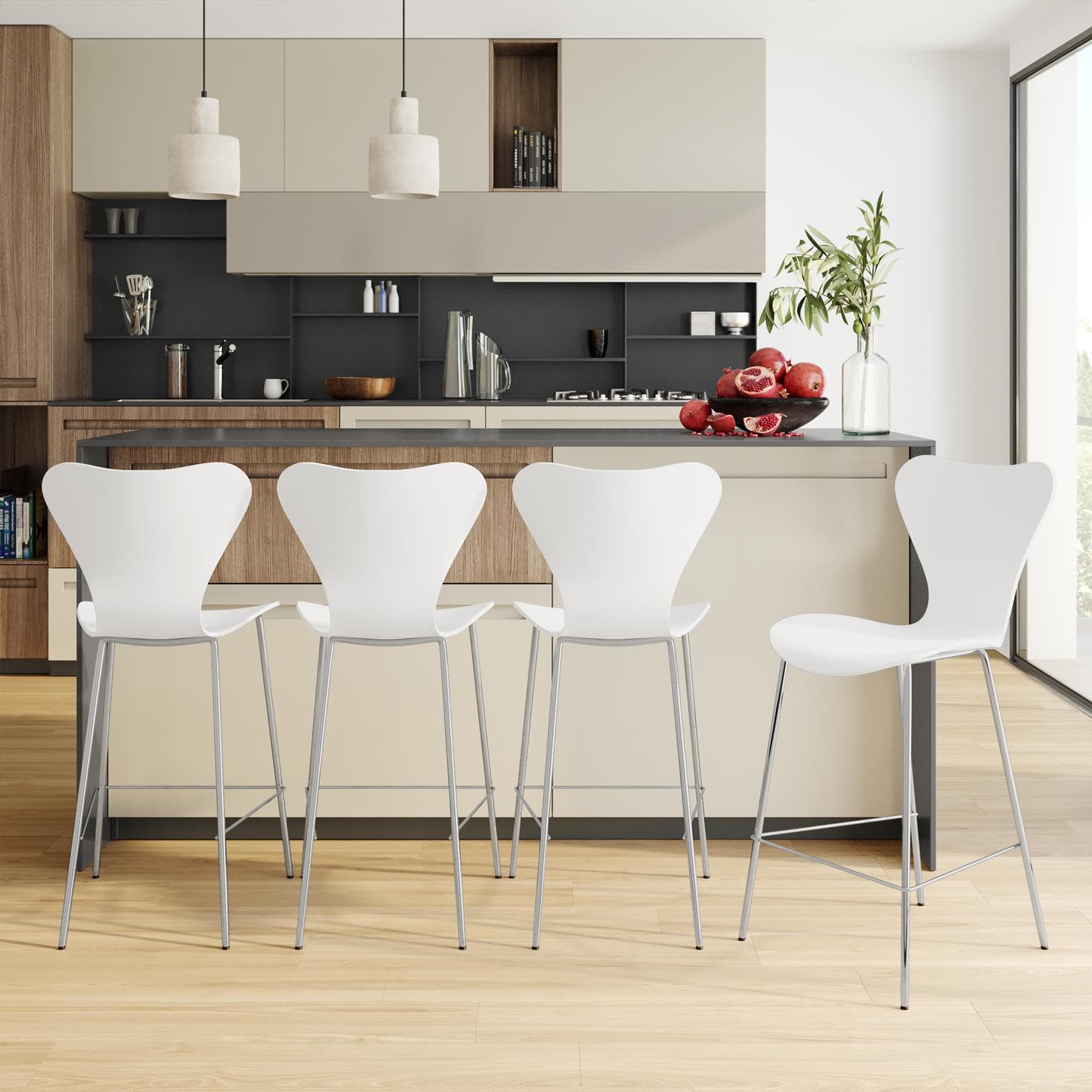 Sgabello in polipropilene bianco con seduta effetto legno e gambe cromo - Dolly