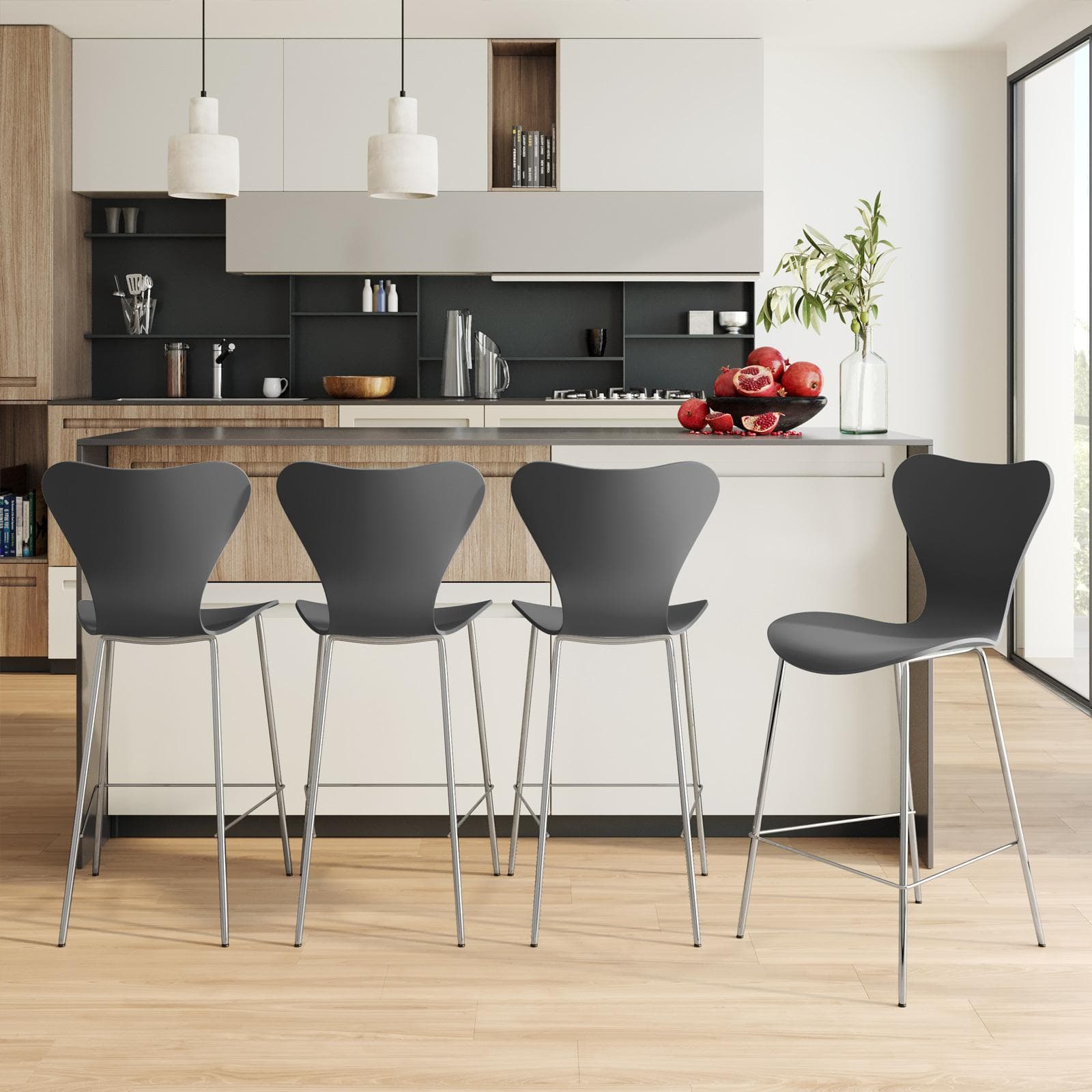 Sgabello in polipropilene grigio scuro con seduta effetto legno e gambe cromo - Dolly