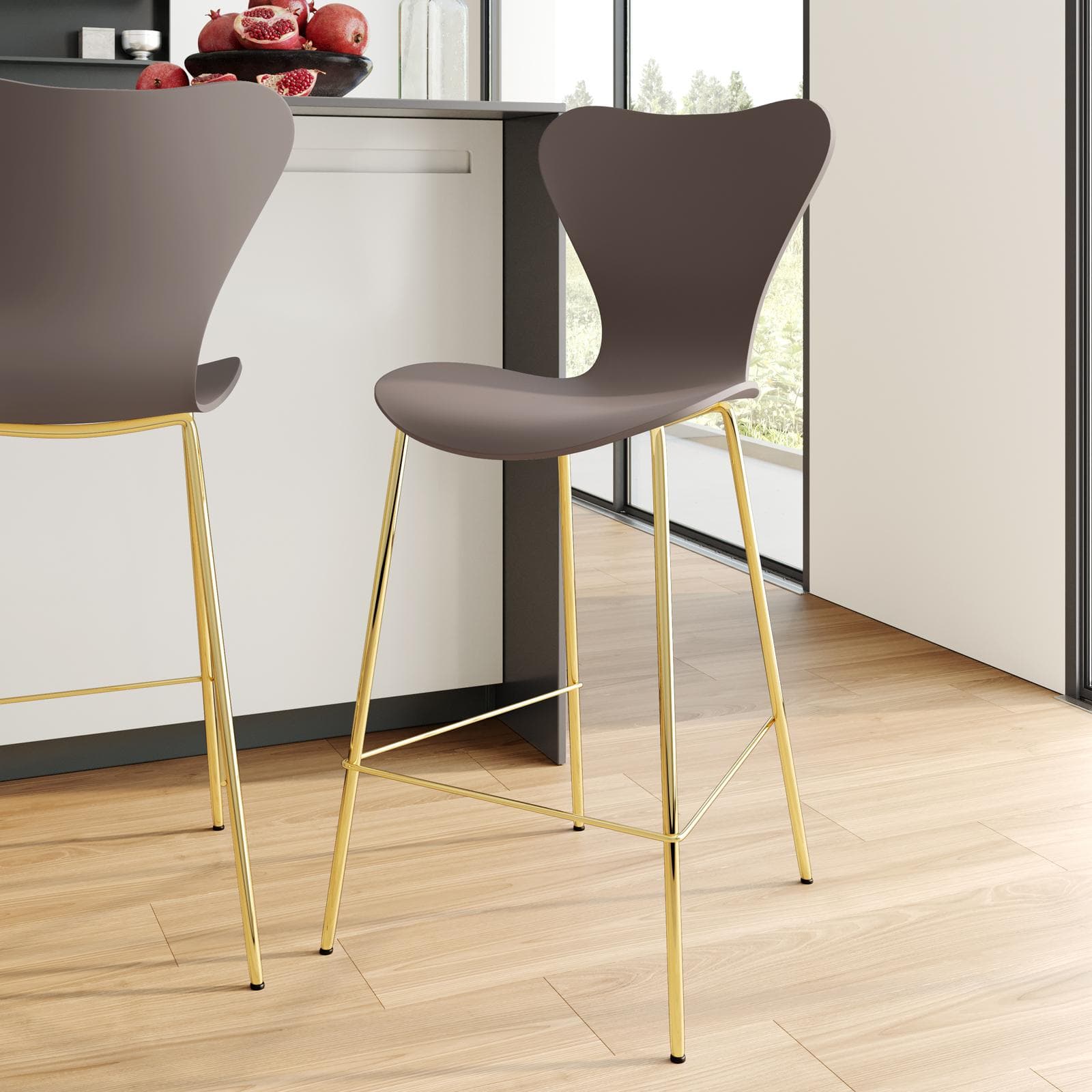 Sgabello in polipropilene tortora con seduta effetto legno e gambe oro - Dolly