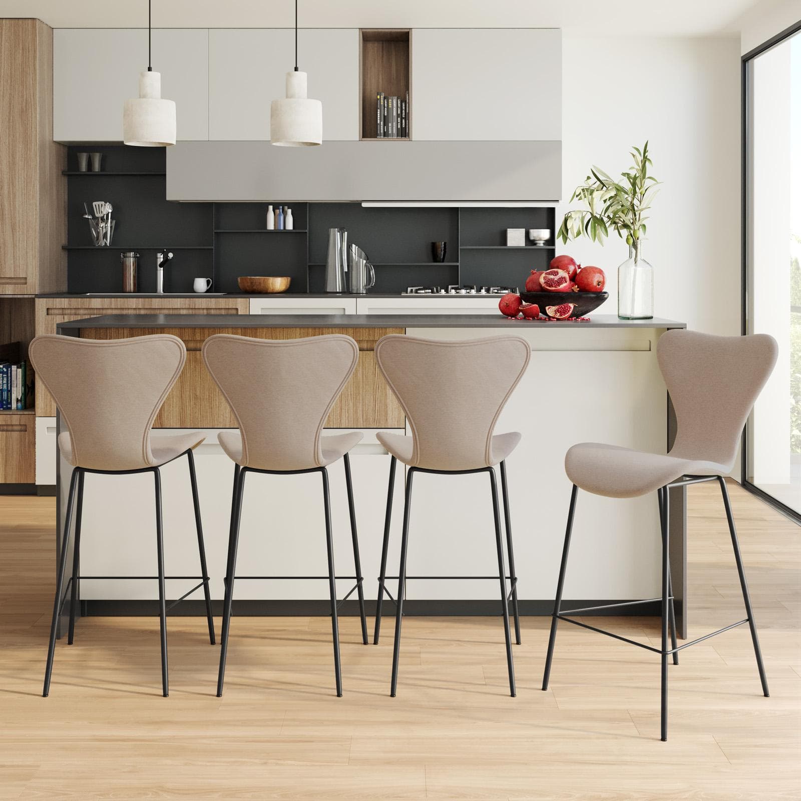 Sgabello in tessuto rosa nude con gambe in metallo nero - Dolly
