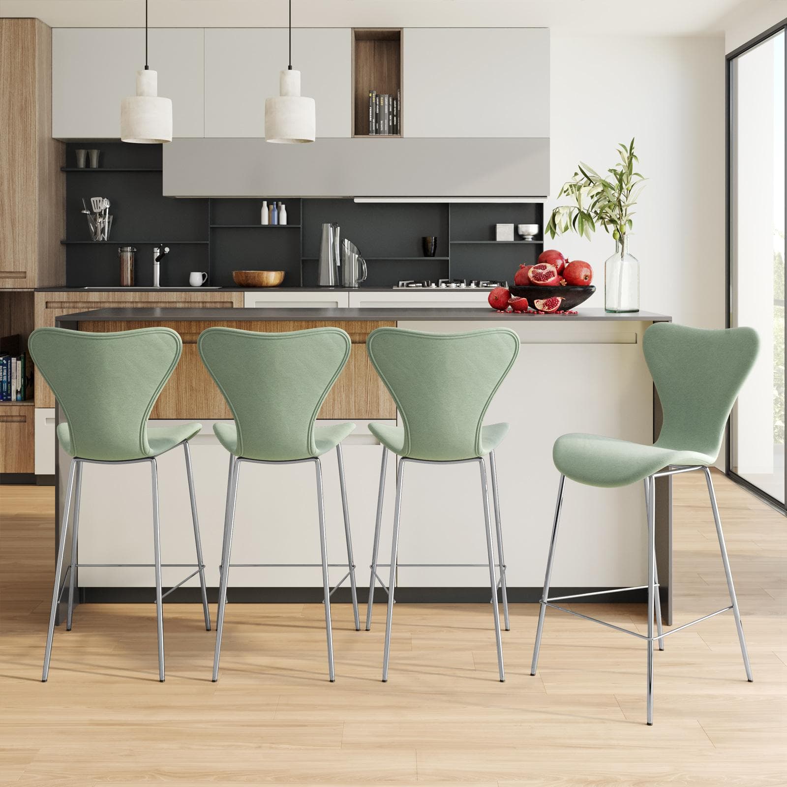 Sgabello in tessuto verde celadon con gambe cromo - Dolly