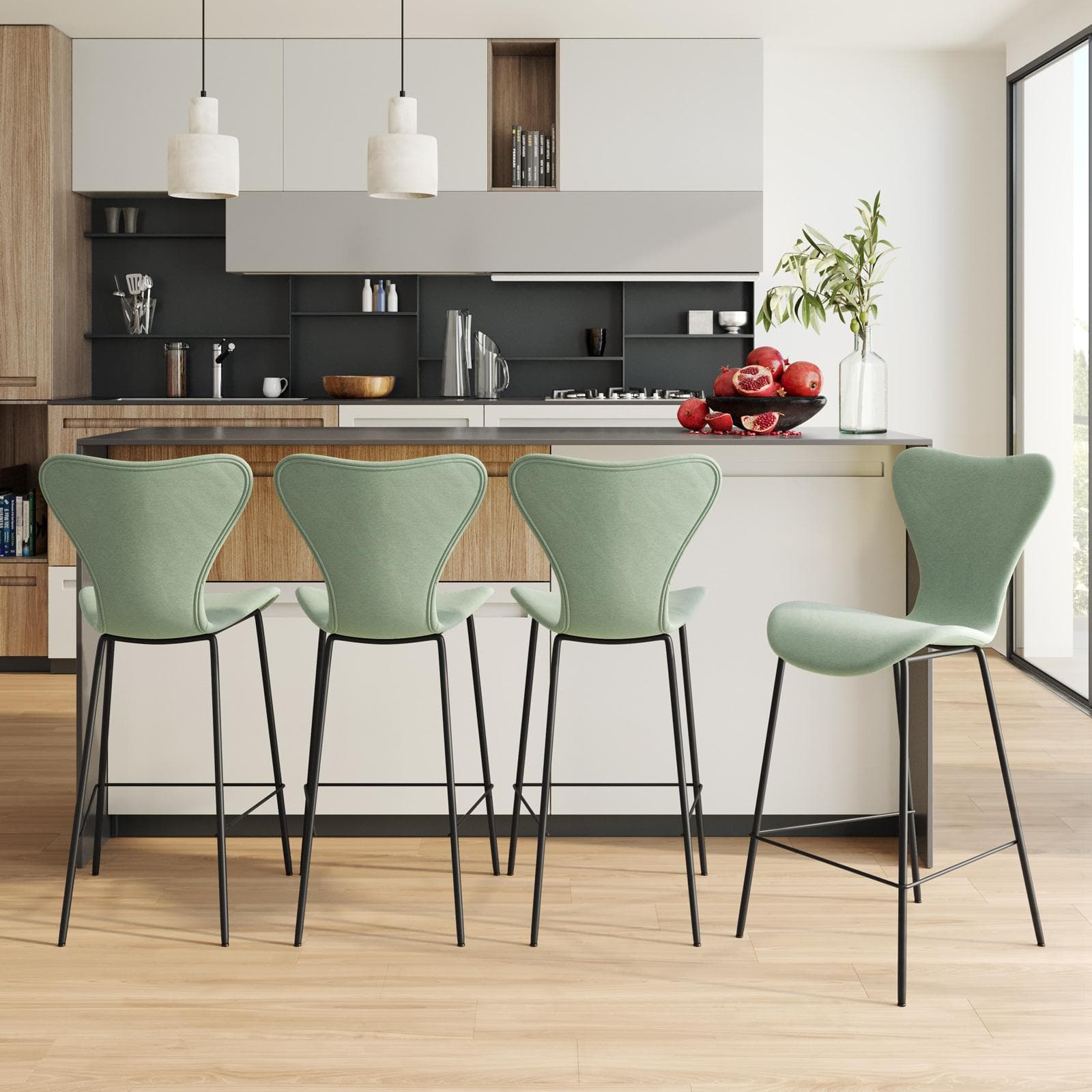 Sgabello in tessuto verde celadon con gambe in metallo nero - Dolly