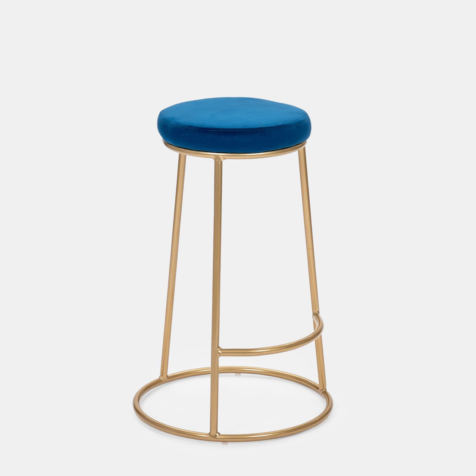 Sgabello in velluto blu con struttura tonda in metallo oro - Klent