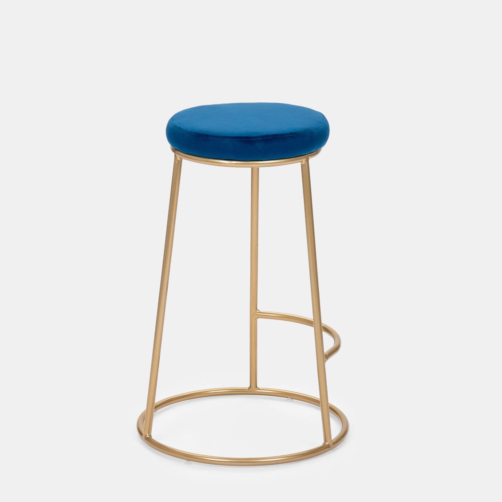 Sgabello in velluto blu con struttura tonda in metallo oro - Klent