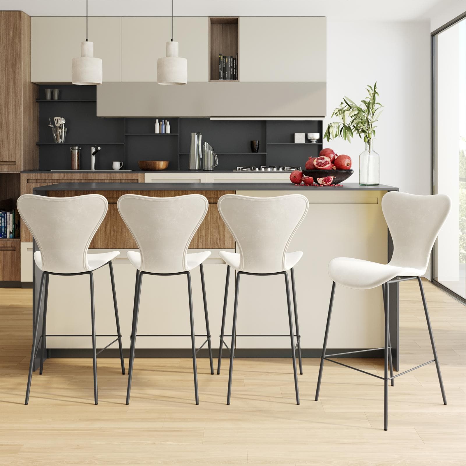 Sgabello in velluto crema con gambe in metallo nero - Dolly