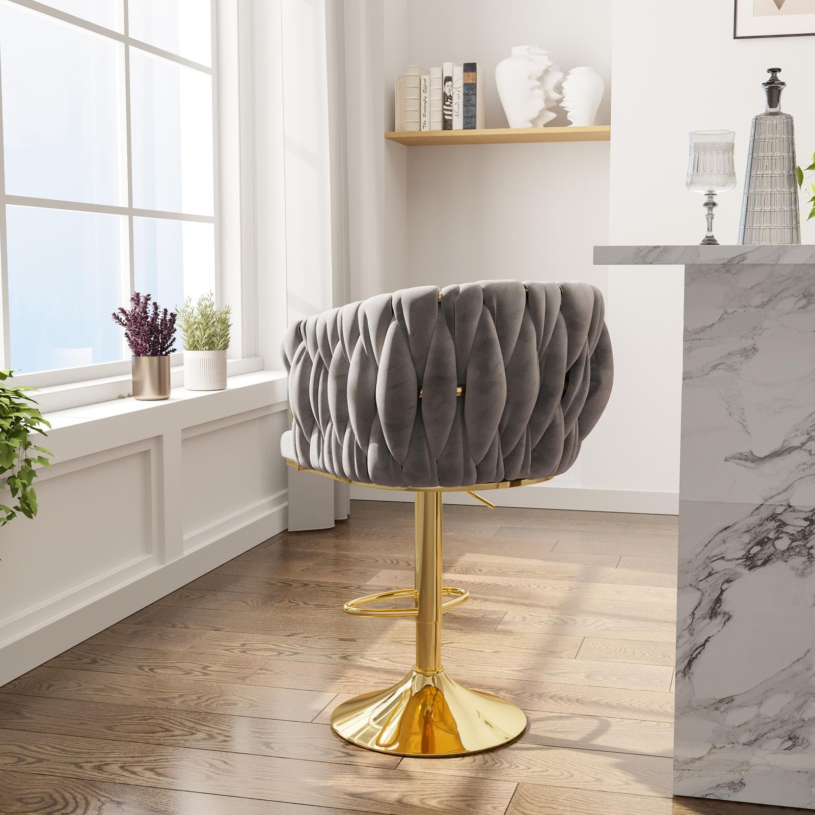 Sgabello in velluto grigio fumo intrecciato e gambe oro - Intrigue