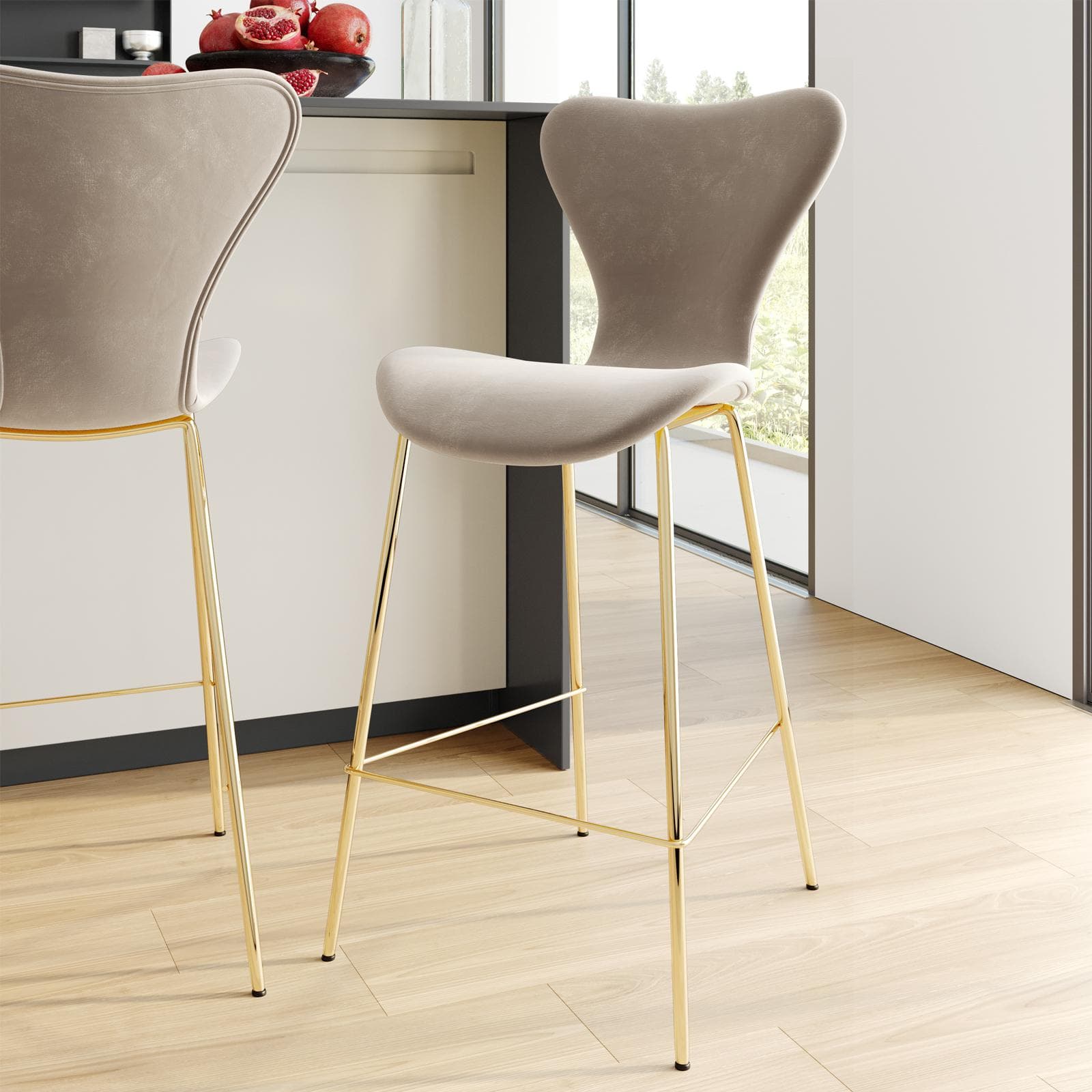 Sgabello velluto tortora con gambe oro - Dolly